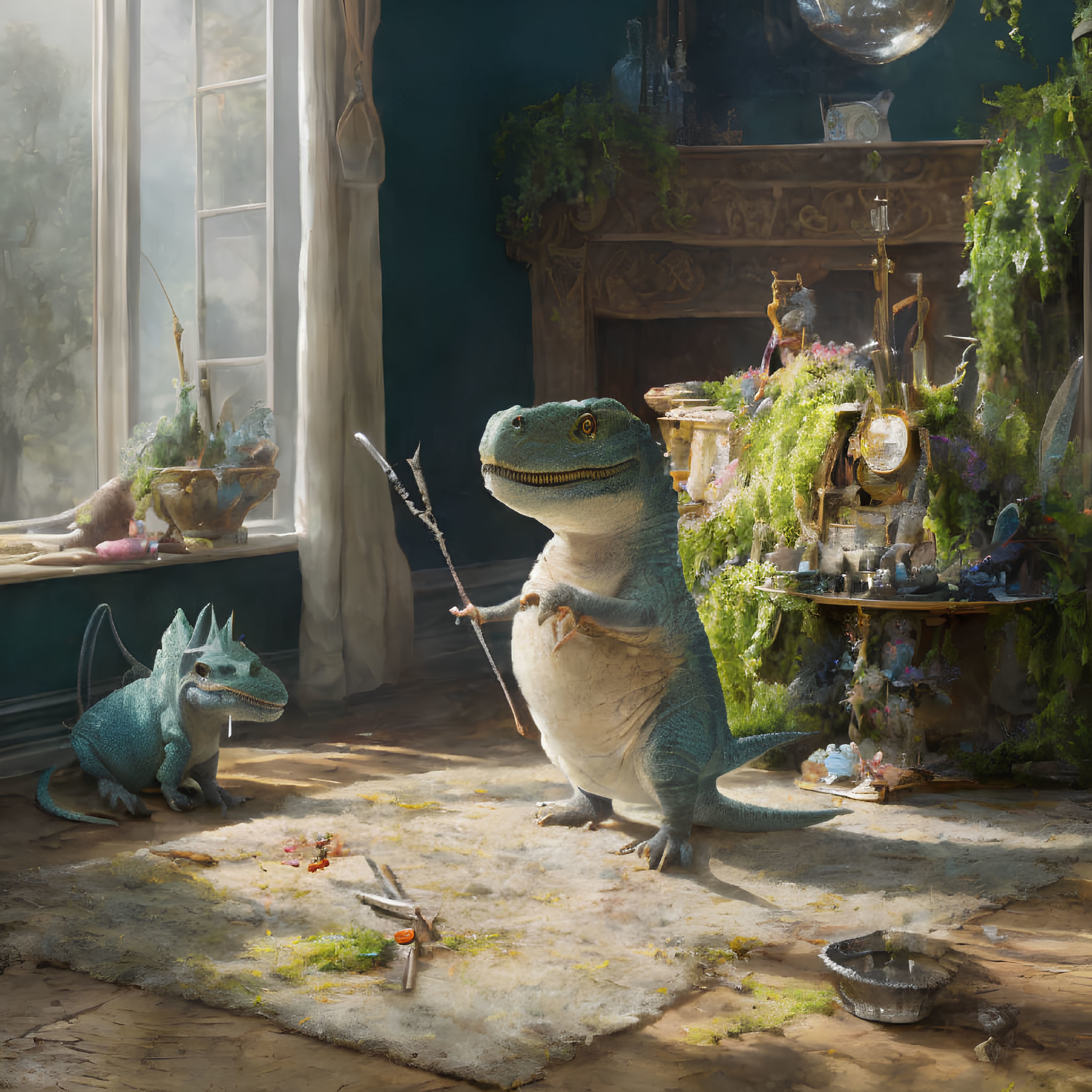 Anthropomorphic lizards in cozy room with sword and teacups