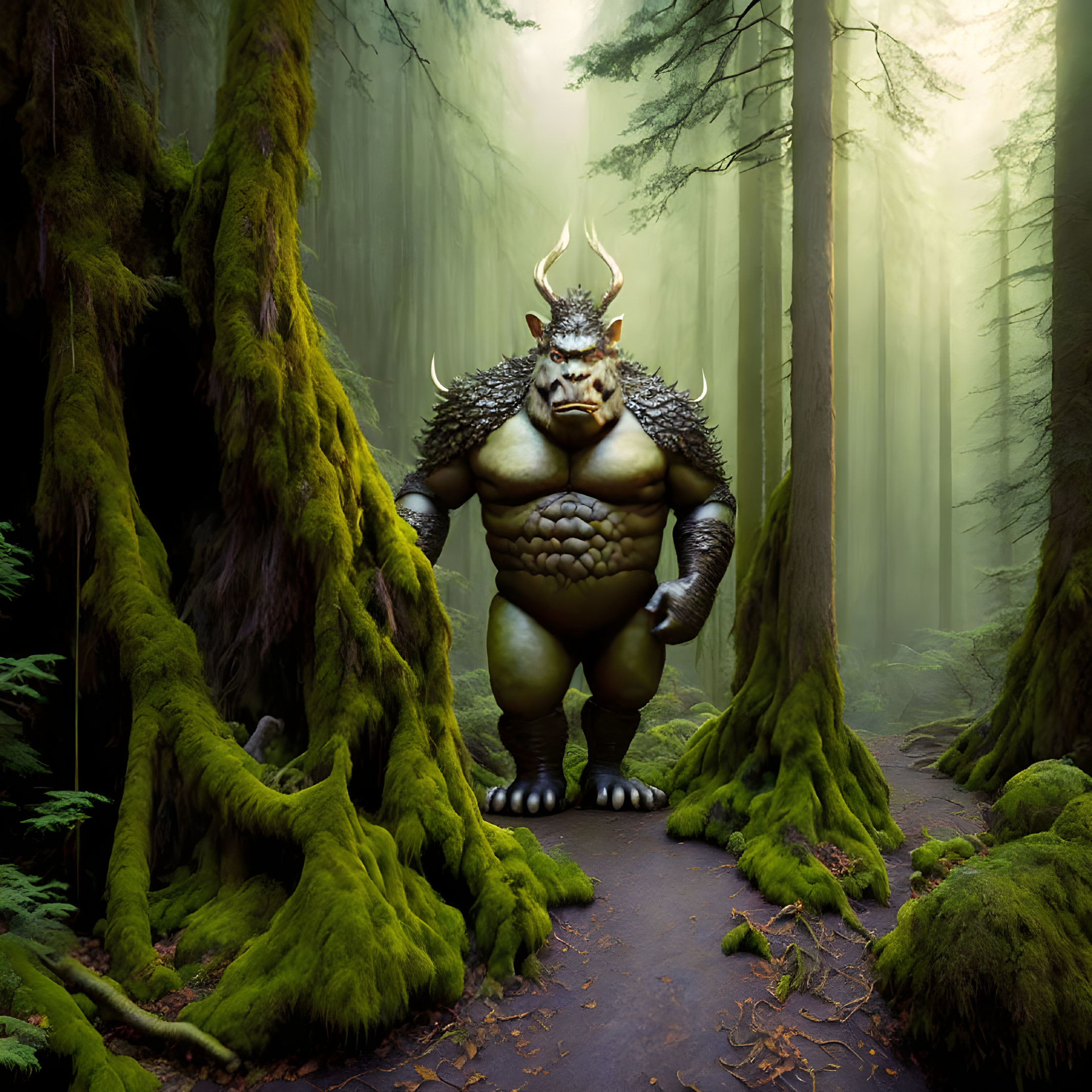 Muscular fantasy creature with horns and flame in misty forest