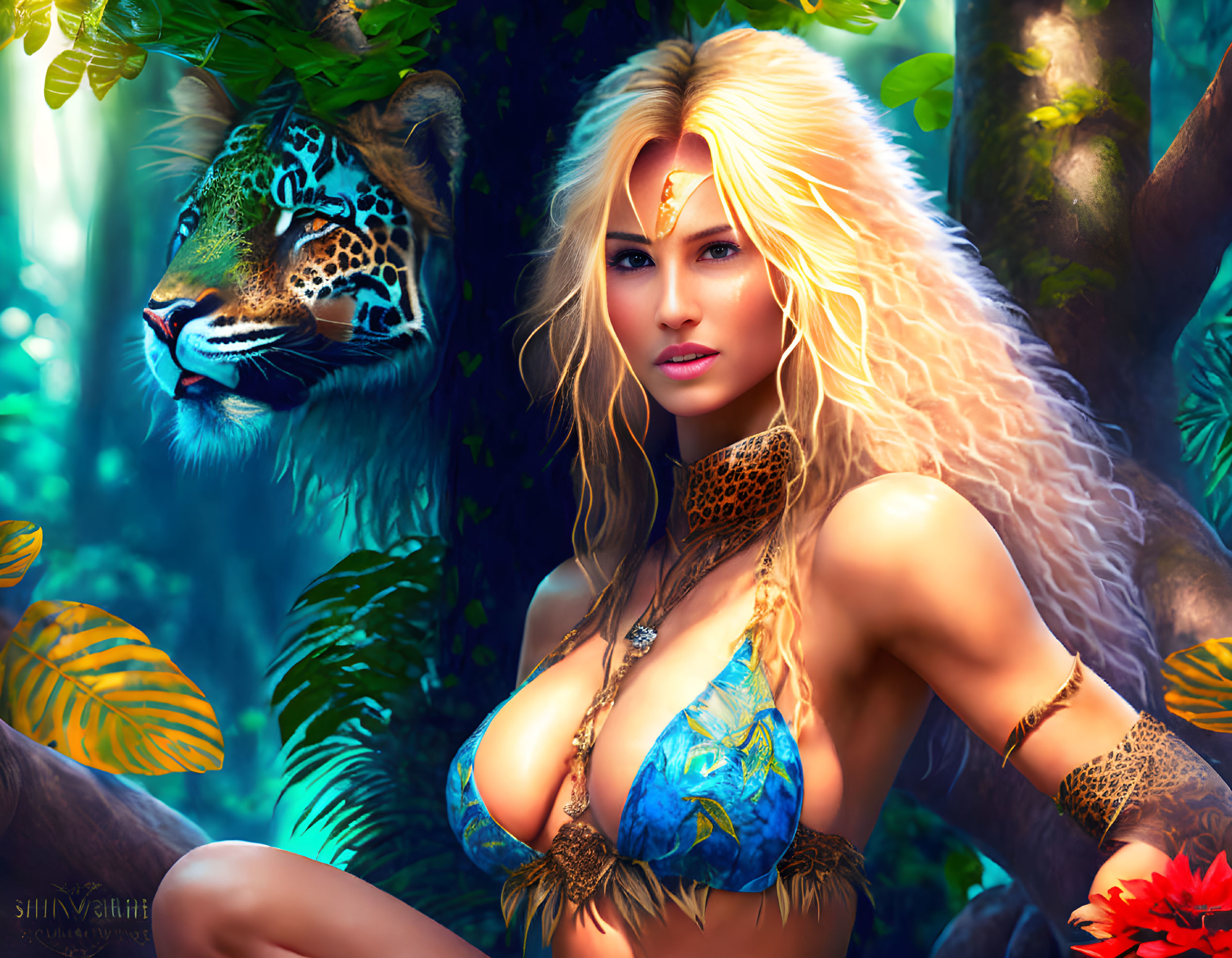 Digital artwork: Woman with golden hair and blue attire, gold jewelry, with a jaguar in vibrant