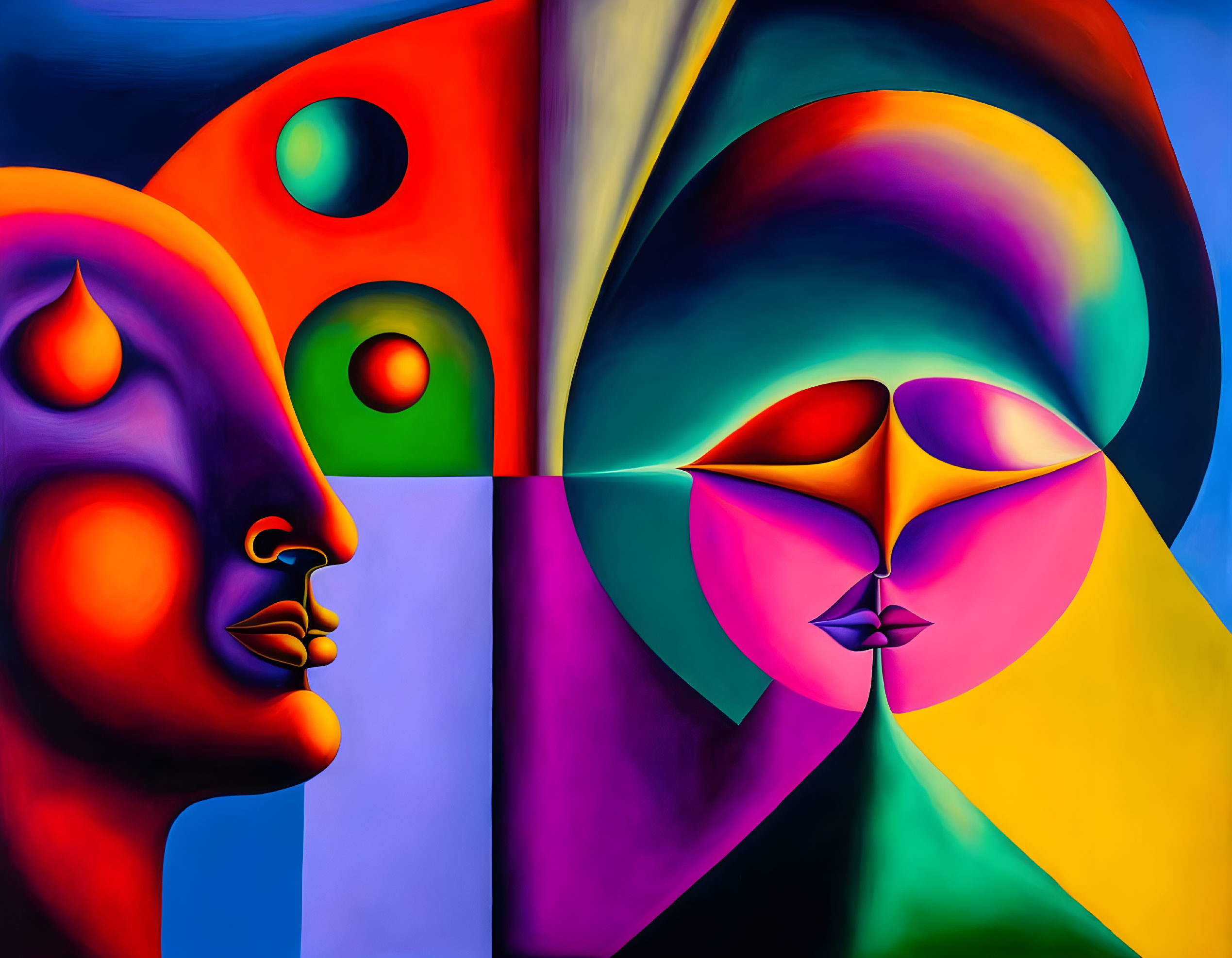 Colorful Abstract Painting: Stylized Faces & Geometric Shapes