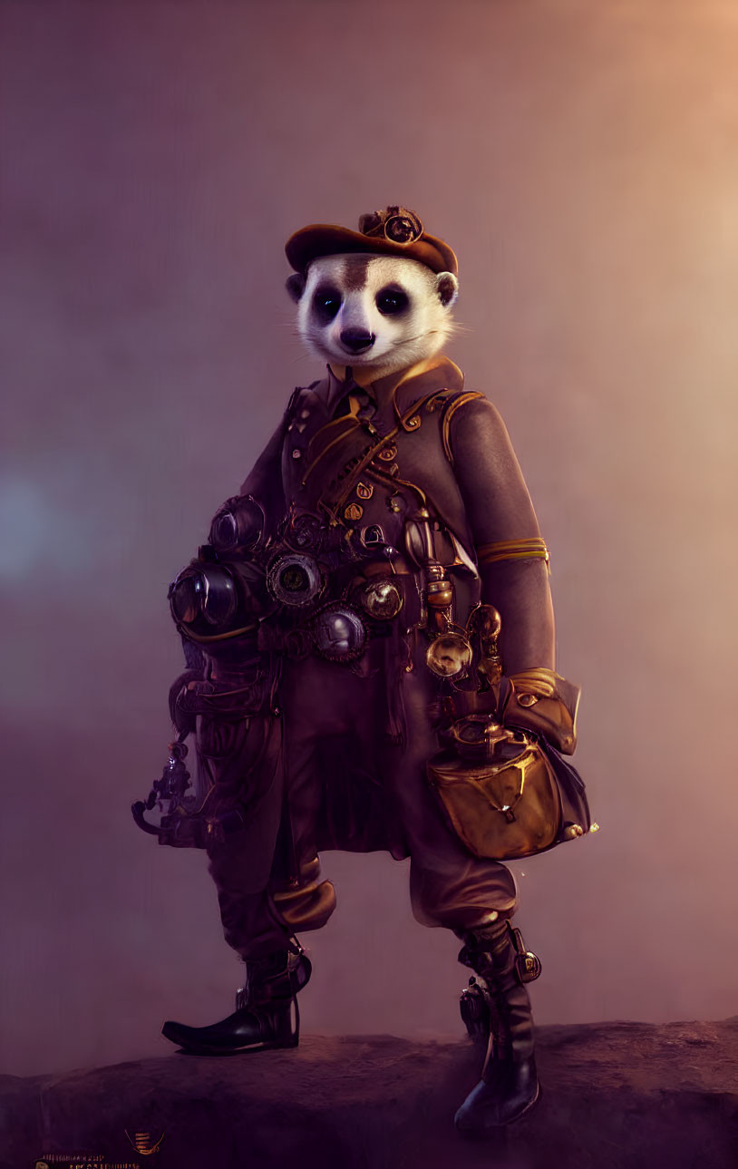 Steampunk adventurer meerkat with goggles and gear in sepia-toned setting