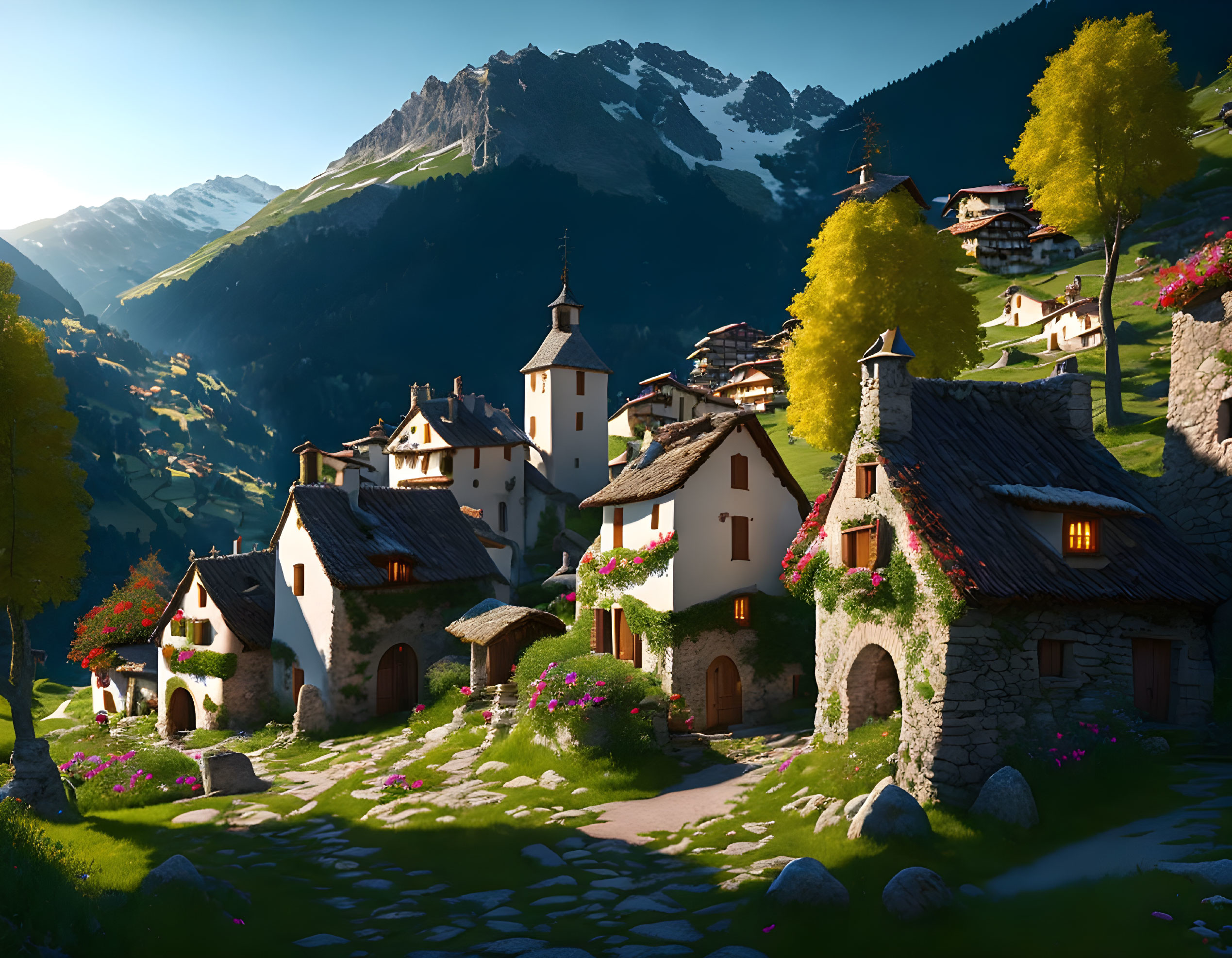 Scenic Mountain Village with Stone Houses and Church