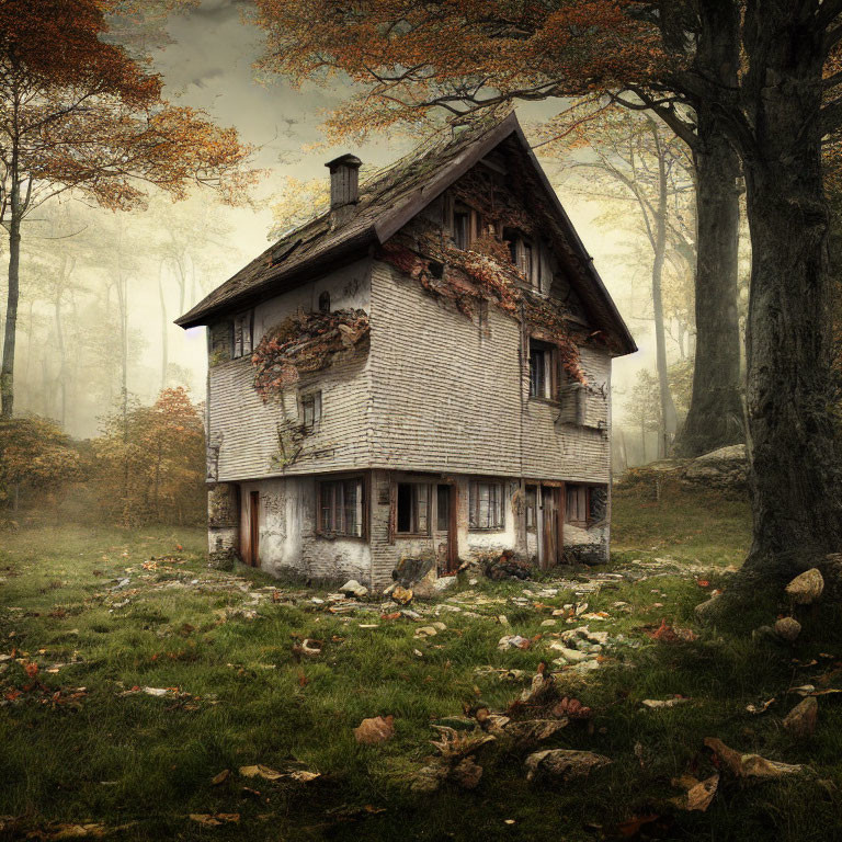 Weathered three-story house in misty autumn forest with ivy-covered walls.