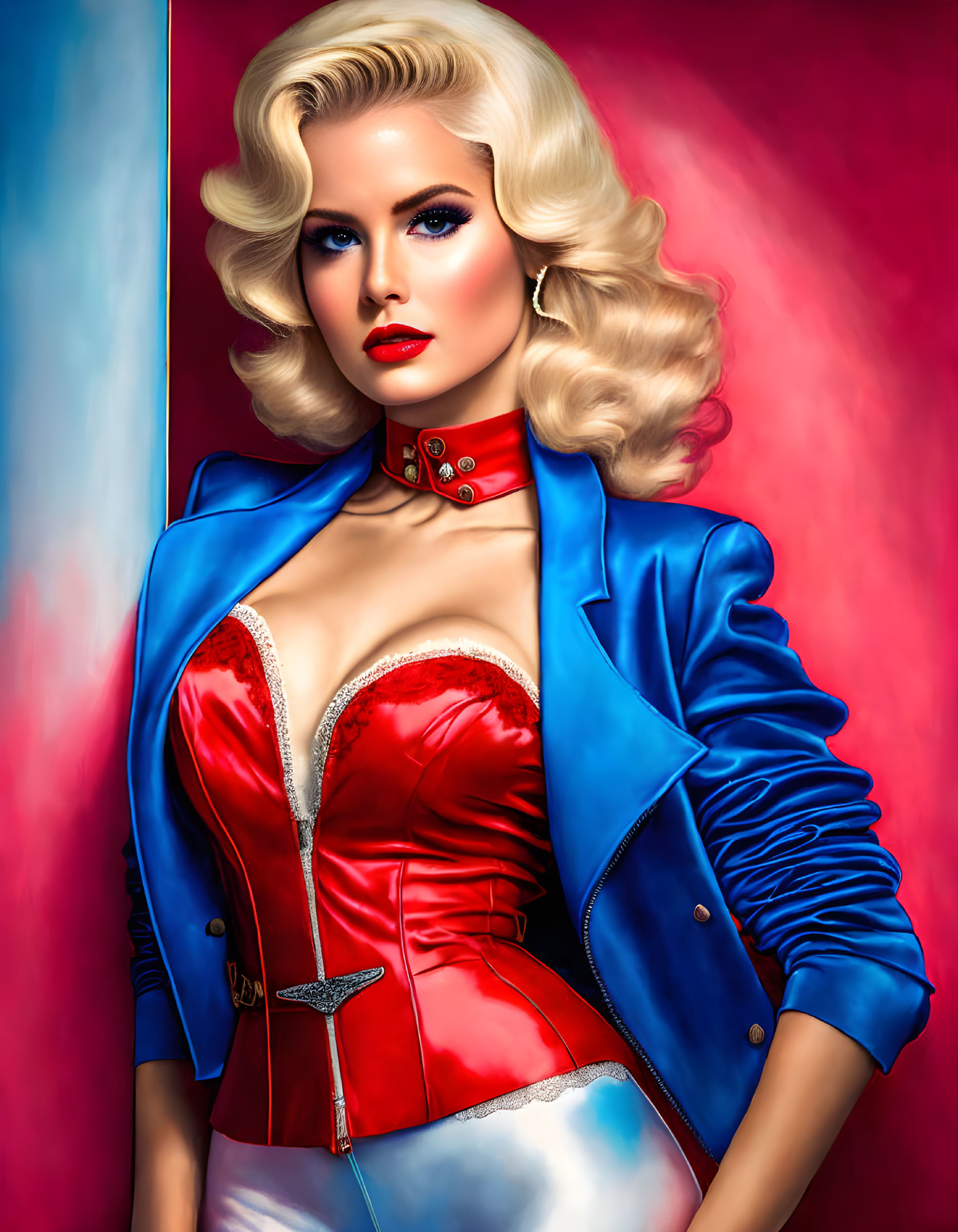 Vintage hairdo woman in red corset & blue jacket on red & blue background