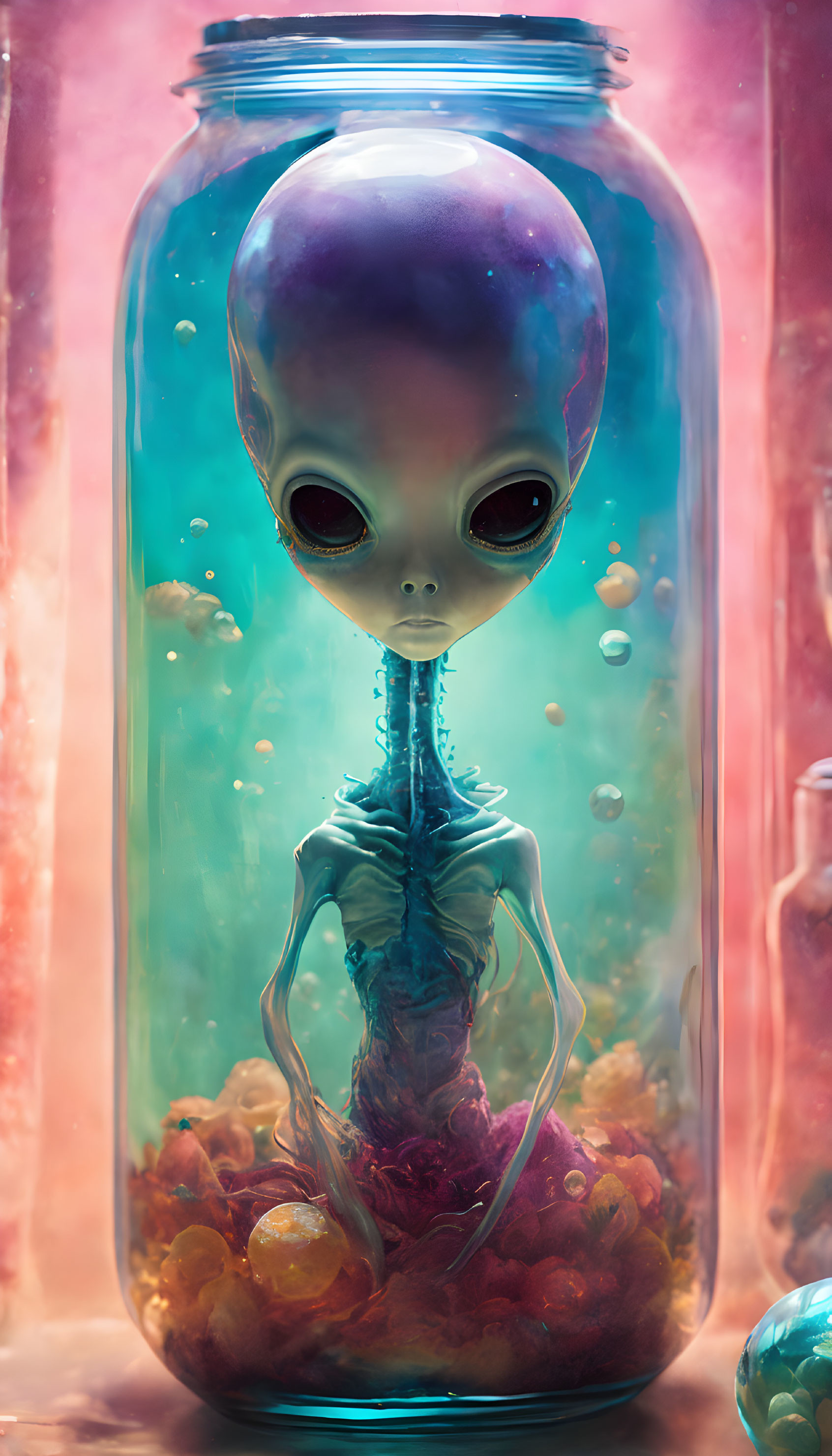 Alien creature with big eyes in glass jar with bubbles