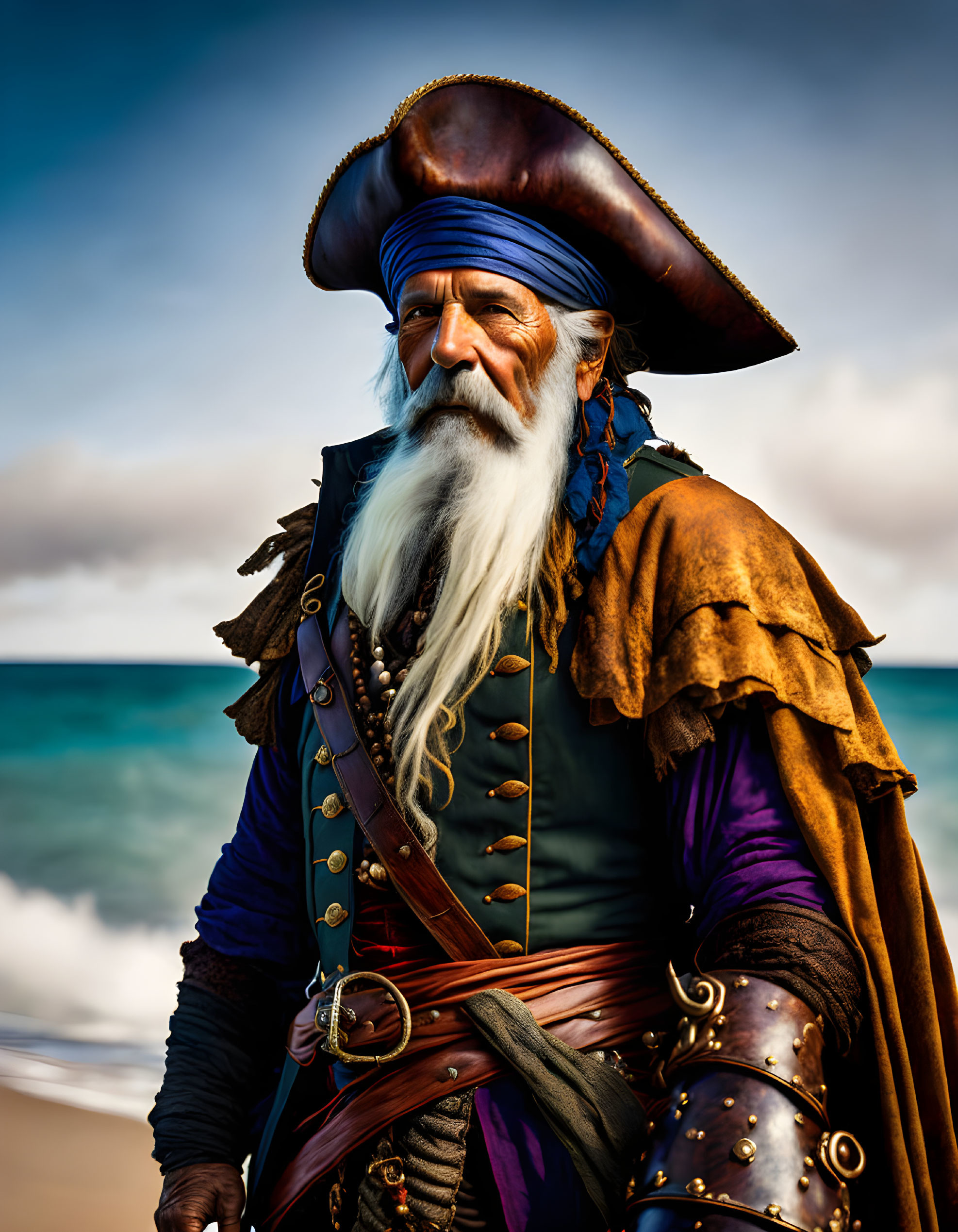 Bearded pirate in tricorn hat and purple coat by the sea