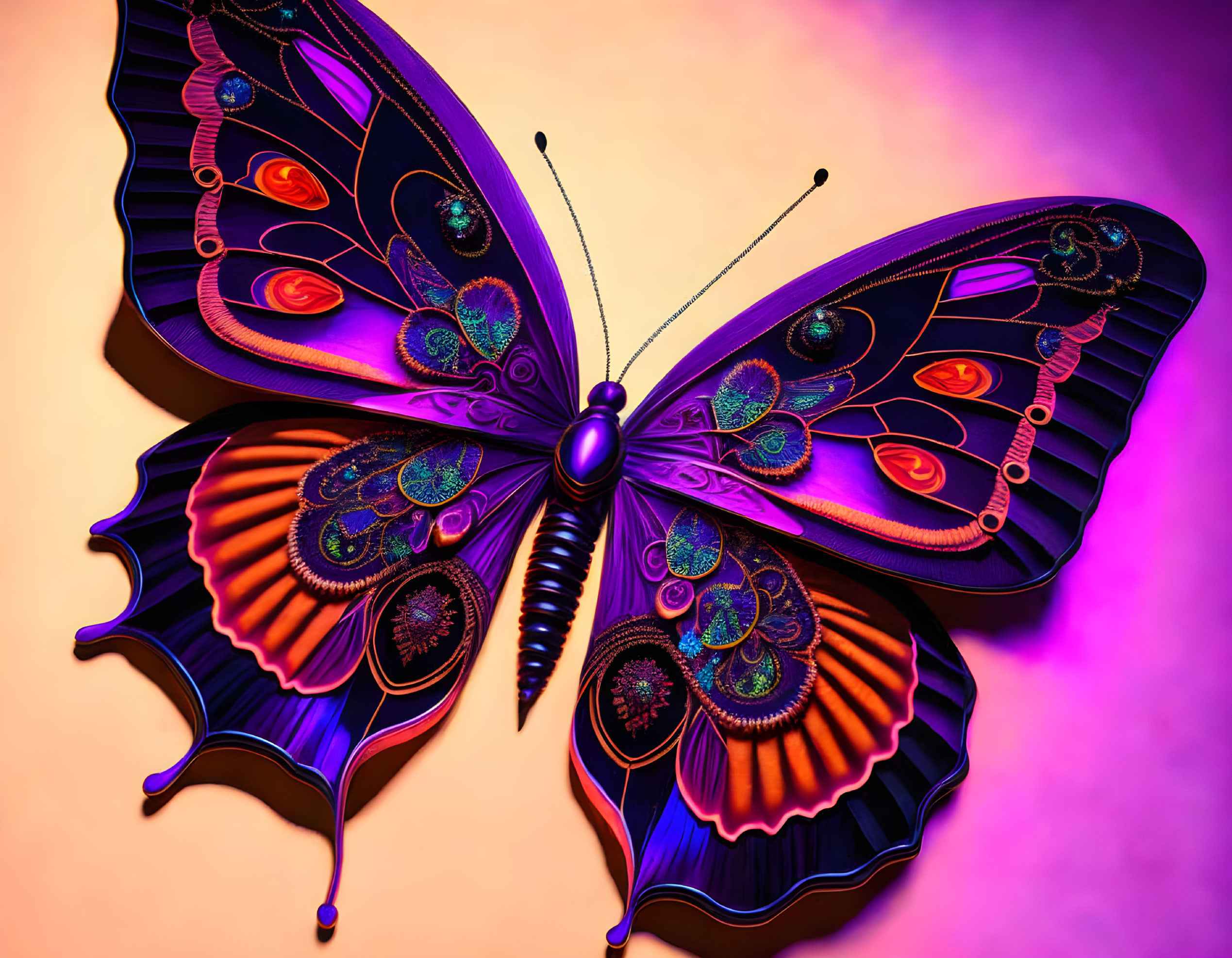 Colorful Digital Butterfly Artwork with Neon Patterns on Warm Gradient Background