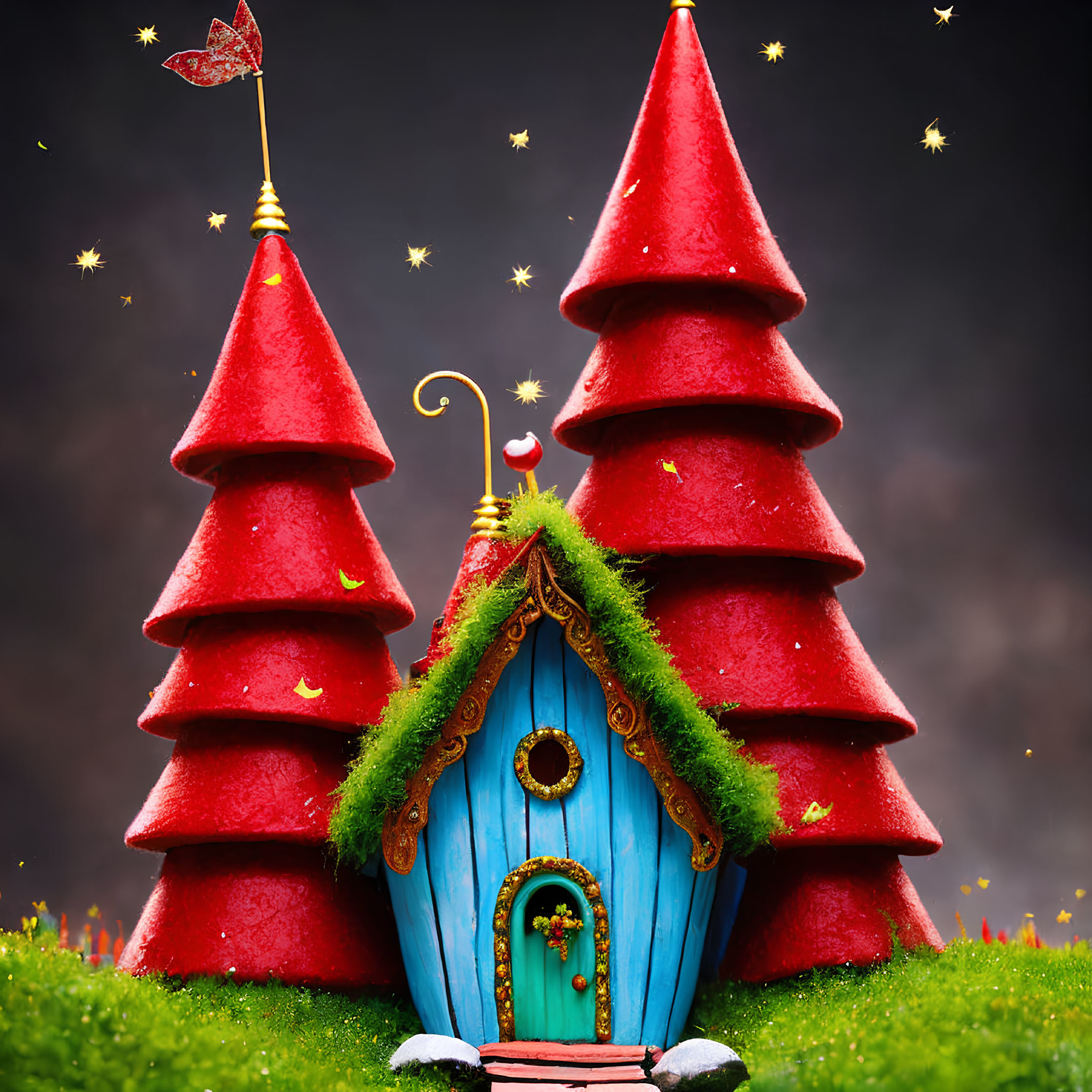 Whimsical fairy tale house with blue door and red roofs