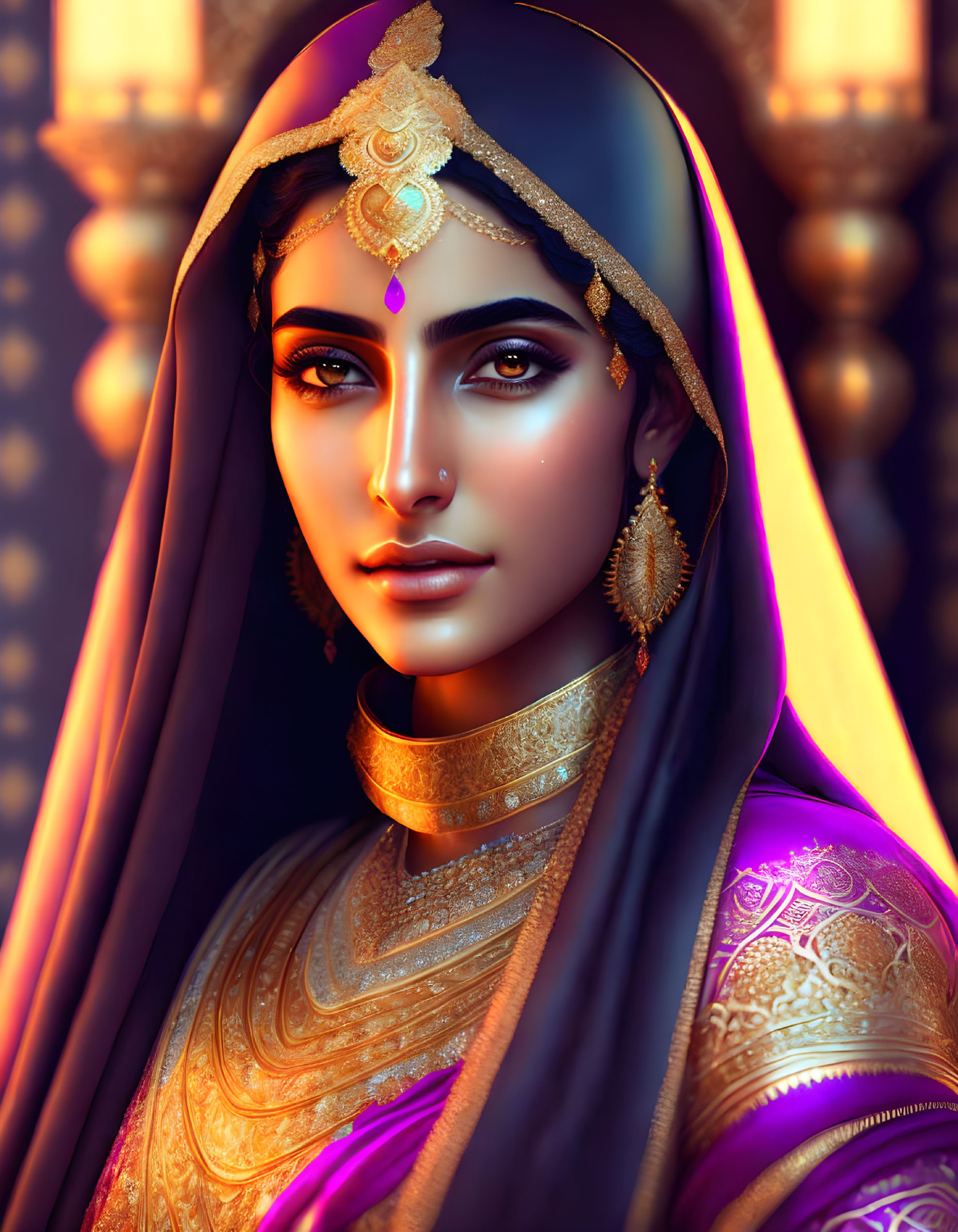 Traditional Indian Attire Illustration with Elaborate Jewelry