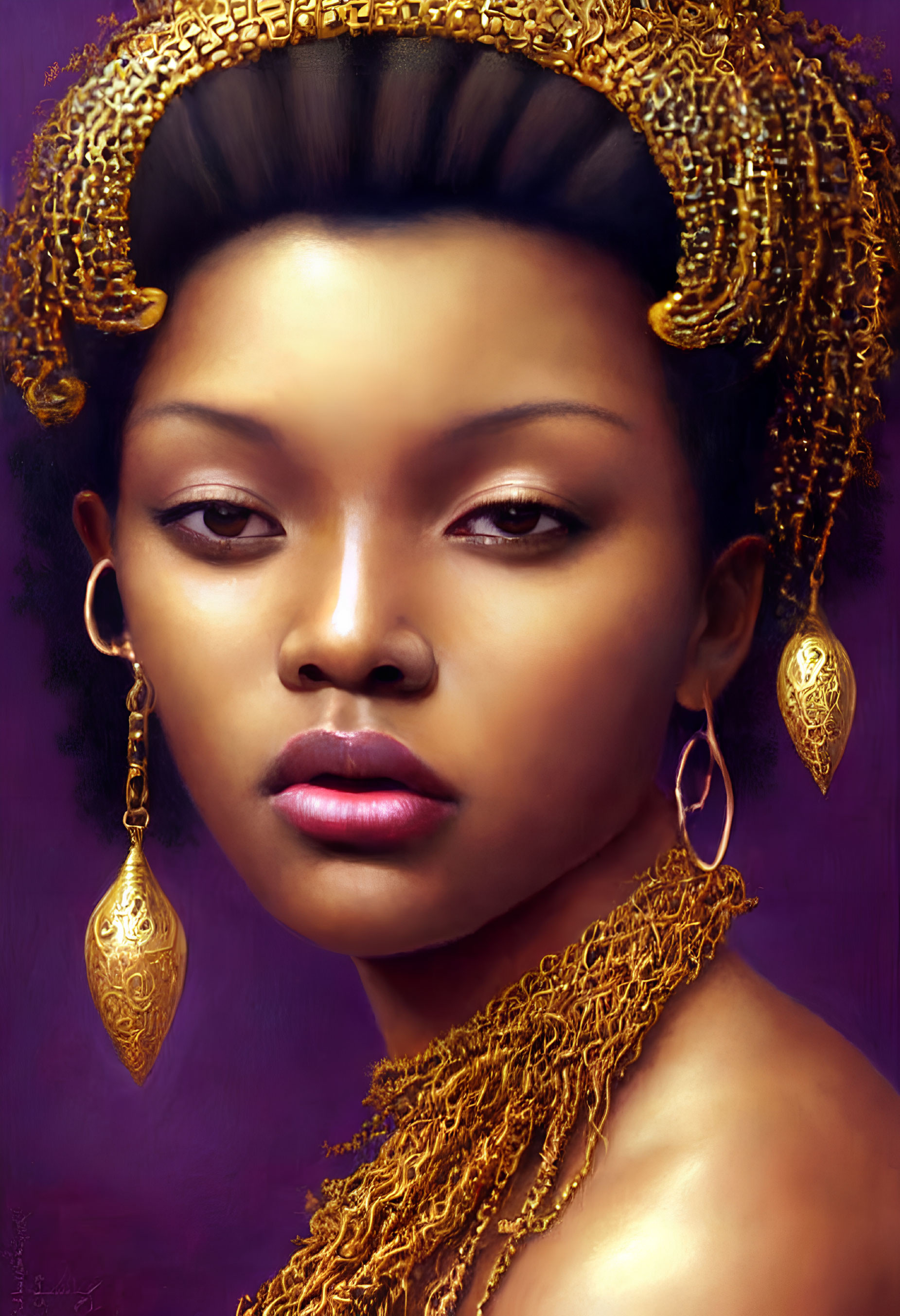 Digital portrait of woman in golden jewelry on warm-toned background