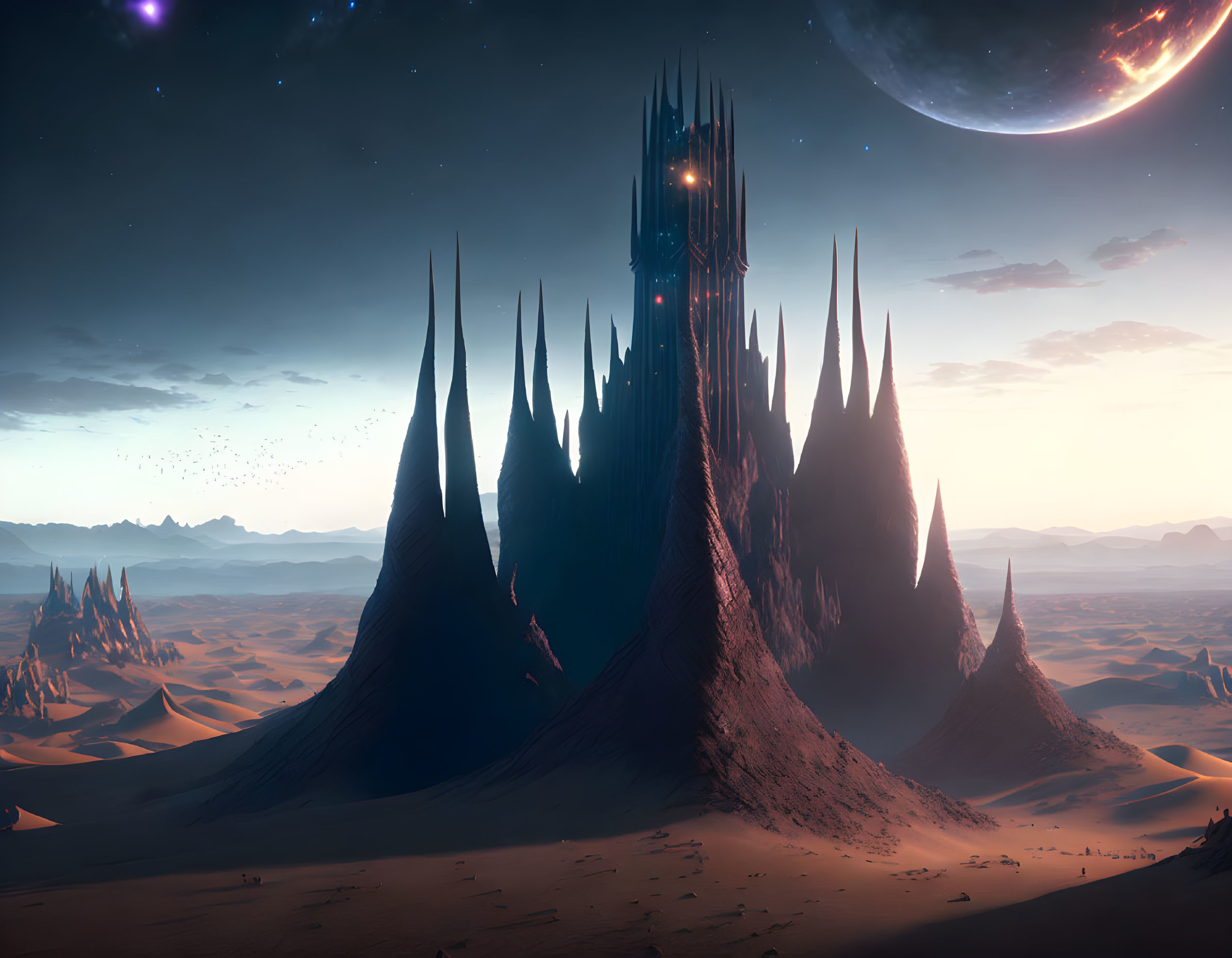 Fantasy landscape with dark spire castle, spiky mountains, and night sky.