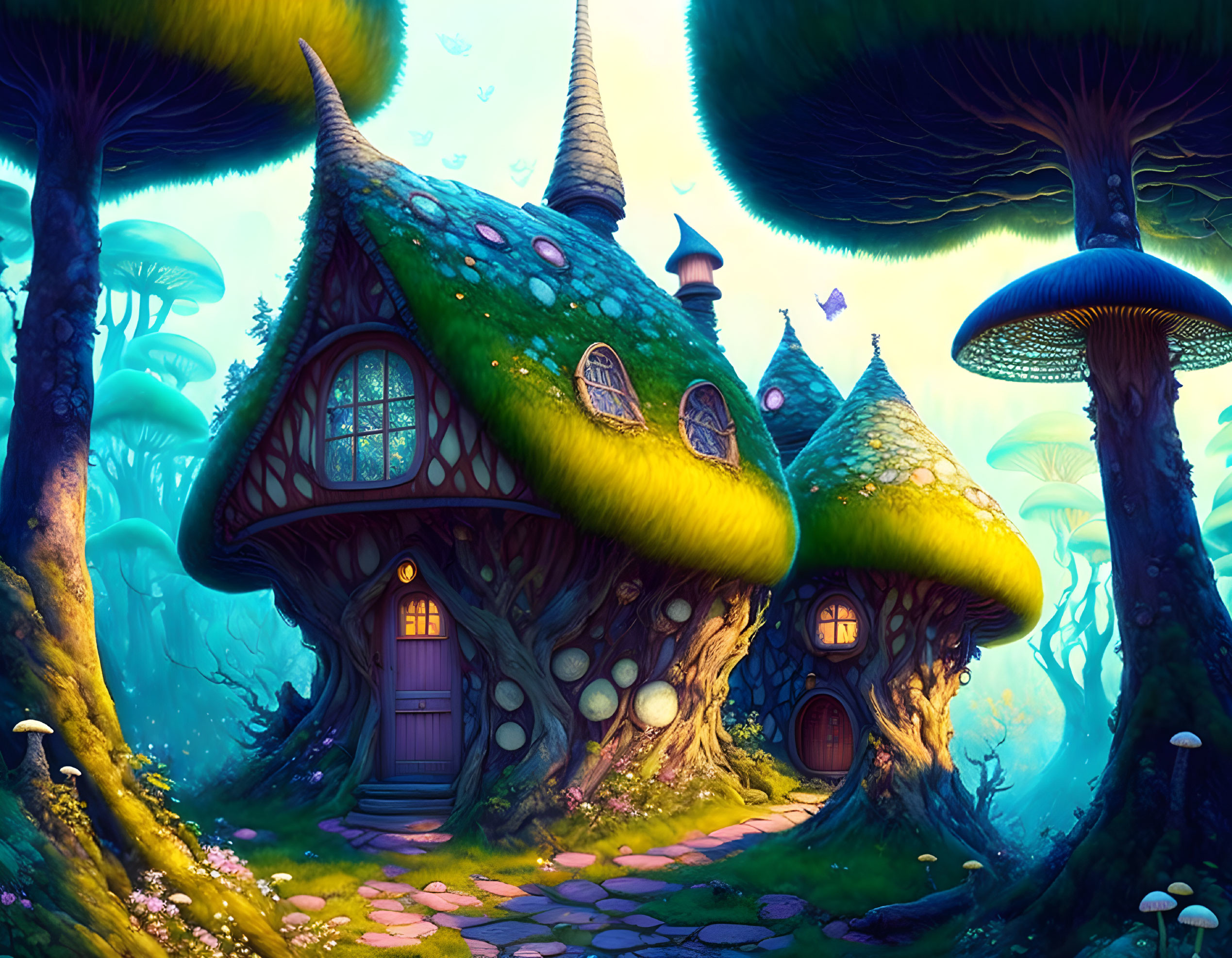 Vibrant Mushroom-Shaped Houses in Enchanted Forest