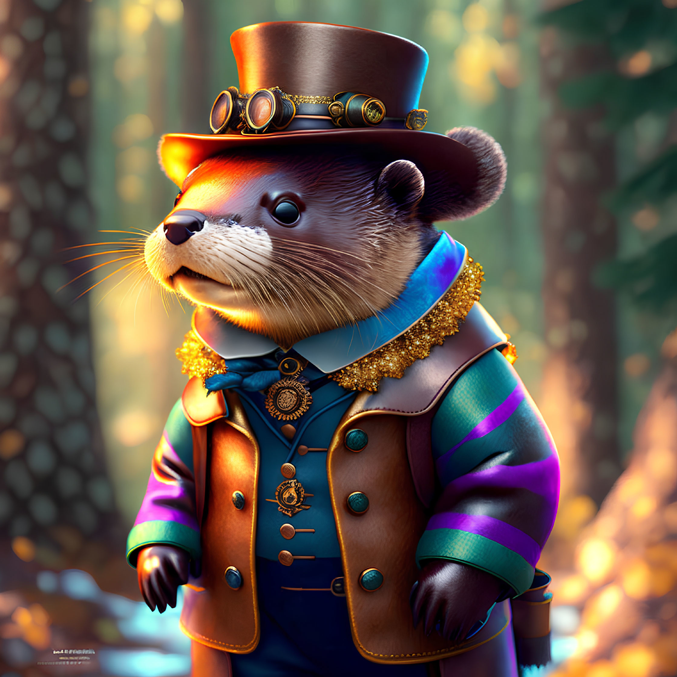 Steampunk-inspired anthropomorphic otter in forest setting