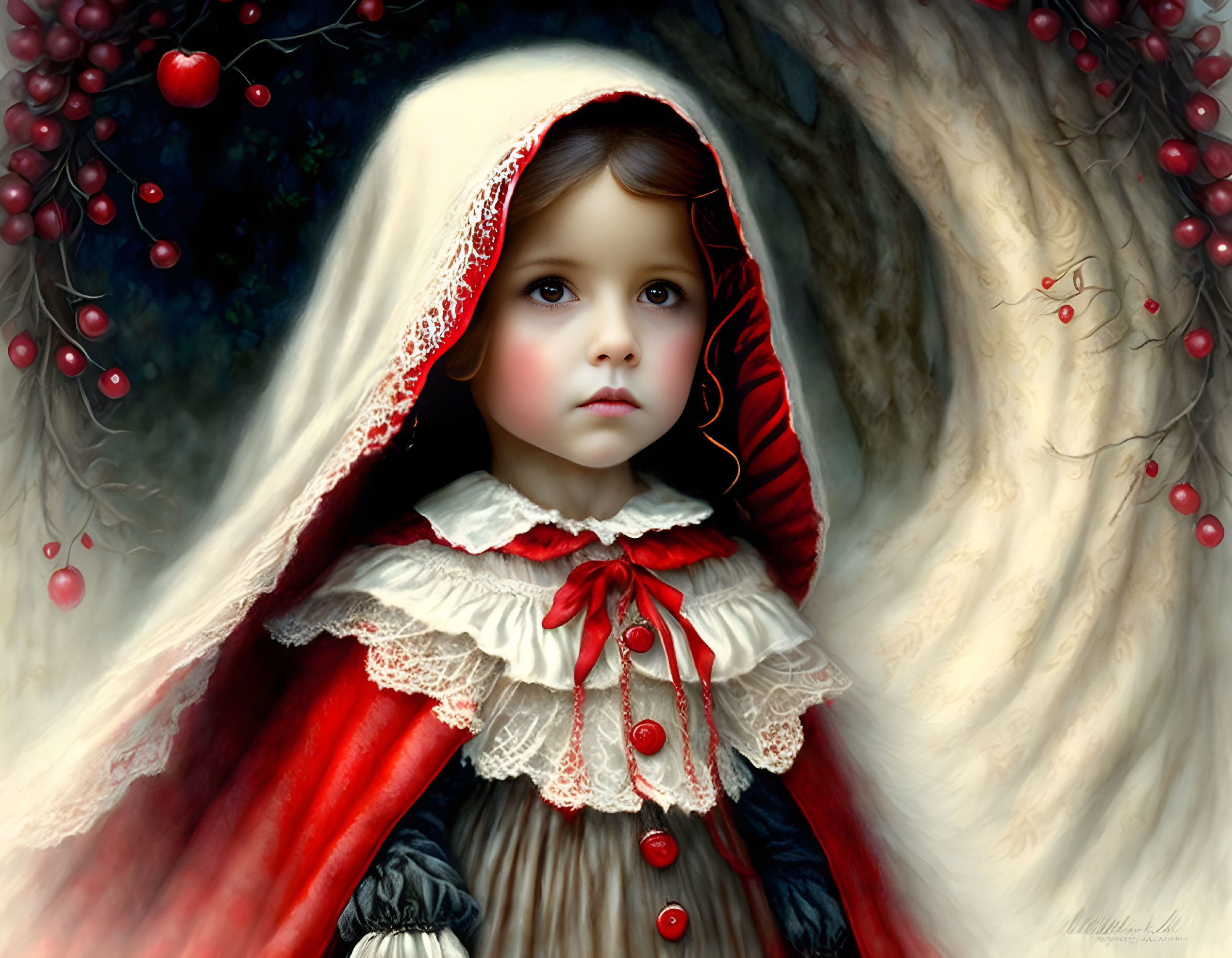 Young girl in red hooded cloak with white lace collar in forest with red berries