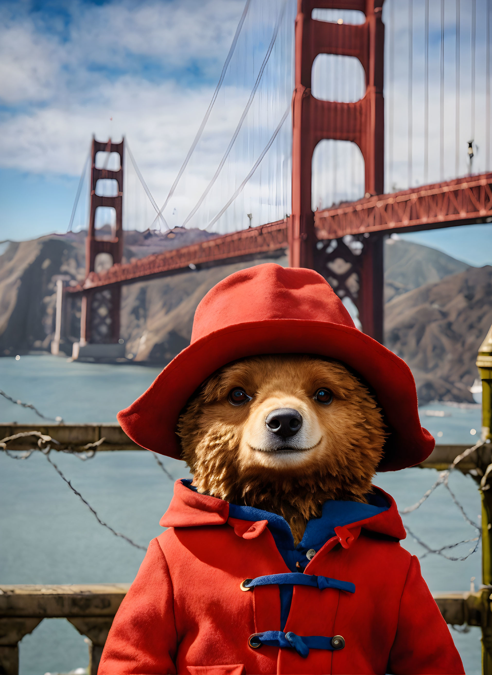 Person in red coat with bear mask at Golden Gate Bridge under clear skies