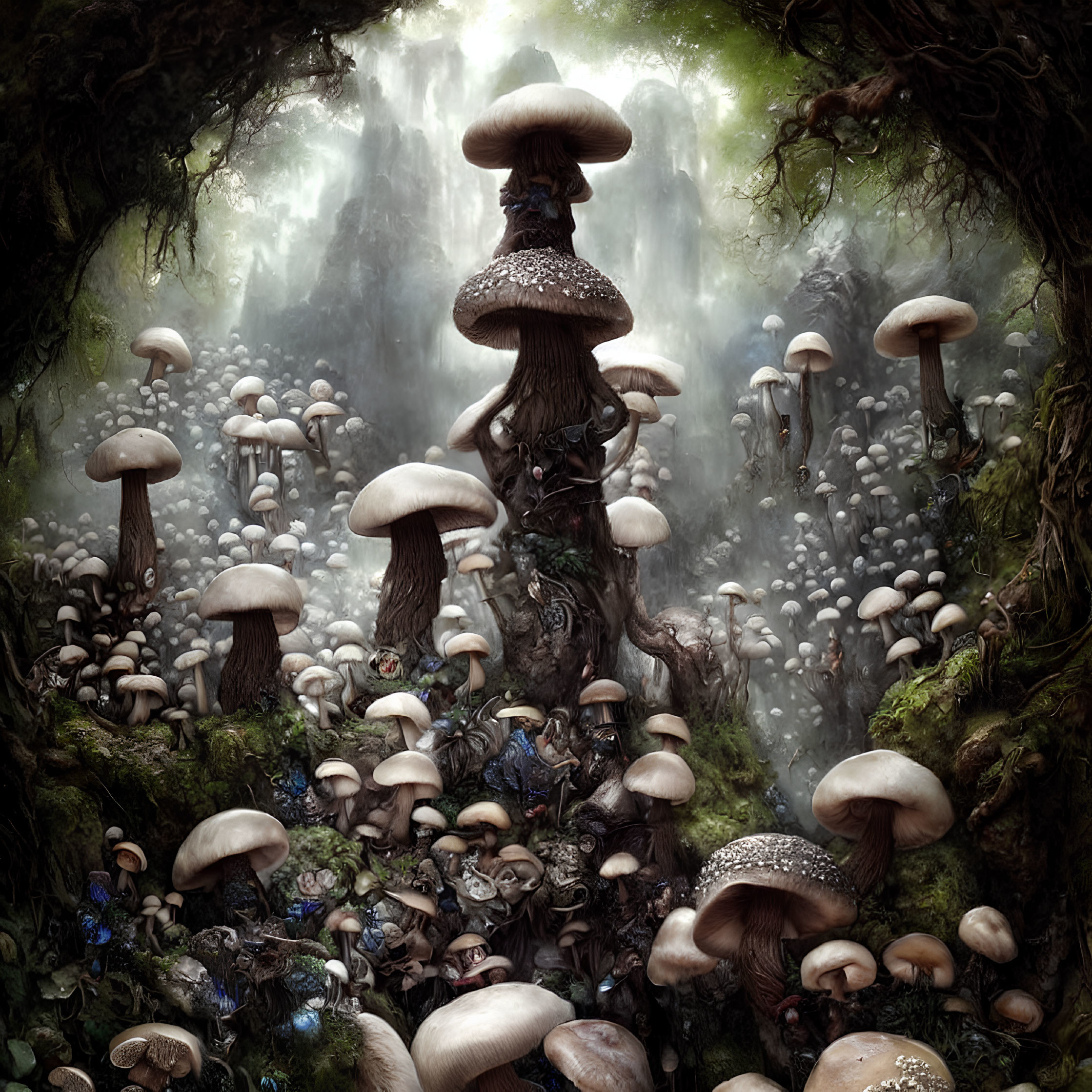 Ethereal forest scene with diverse mushrooms and waterfall