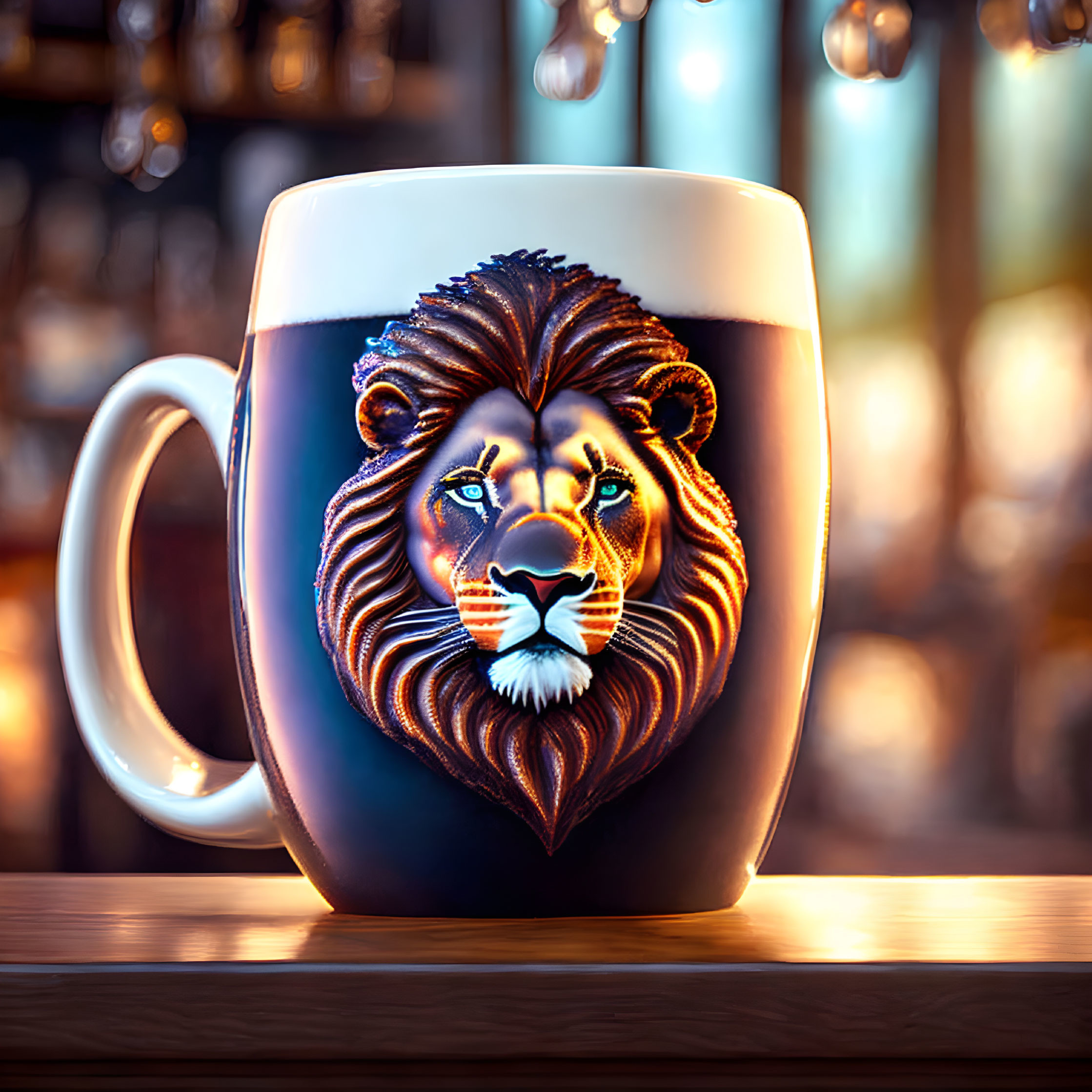 Detailed Lion Face Mug Against Blurry Bar Background