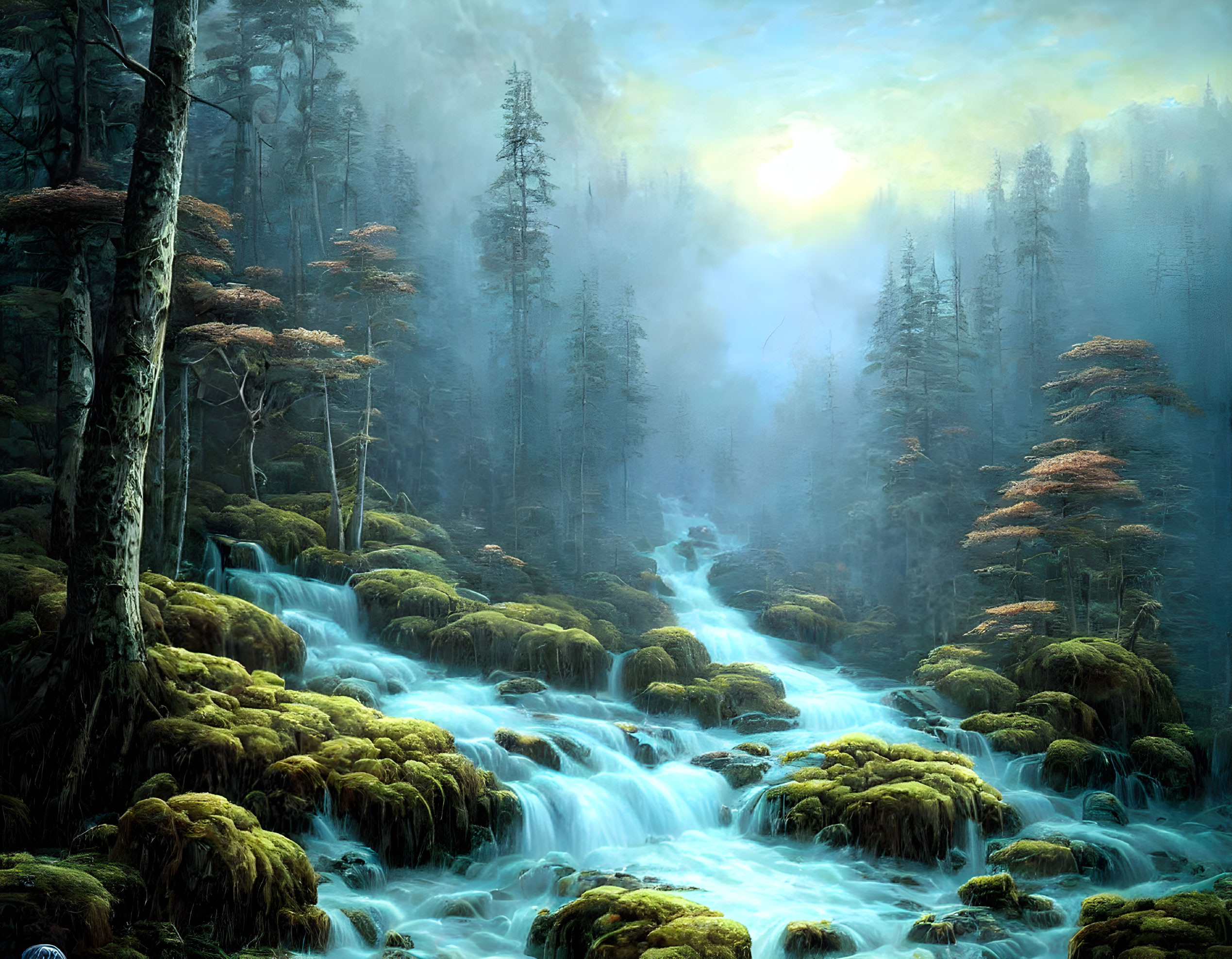 Tranquil forest scene: cascading waterfall, sun rays, mist, towering trees