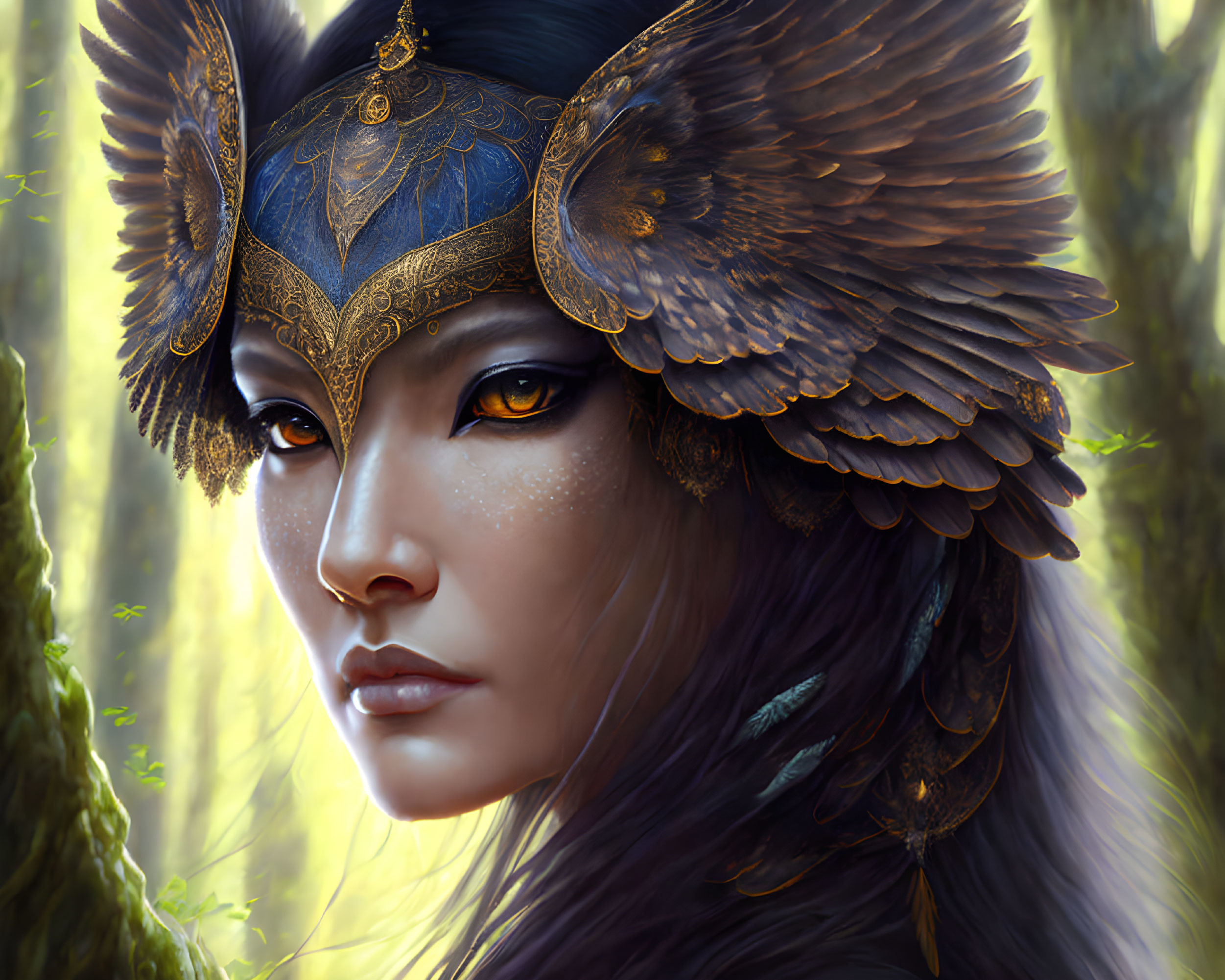 Fantasy portrait of woman with orange eyes in feathered helmet against forest backdrop