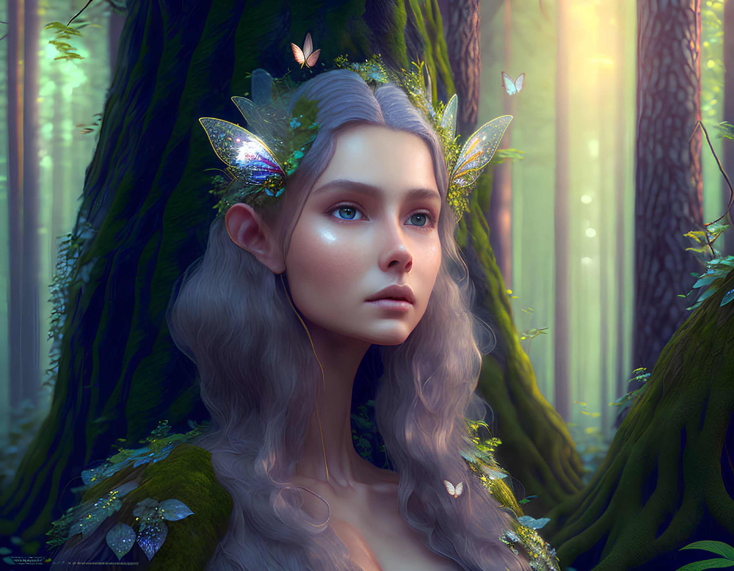 Fantasy elf with luminous wings in enchanted forest surrounded by butterflies