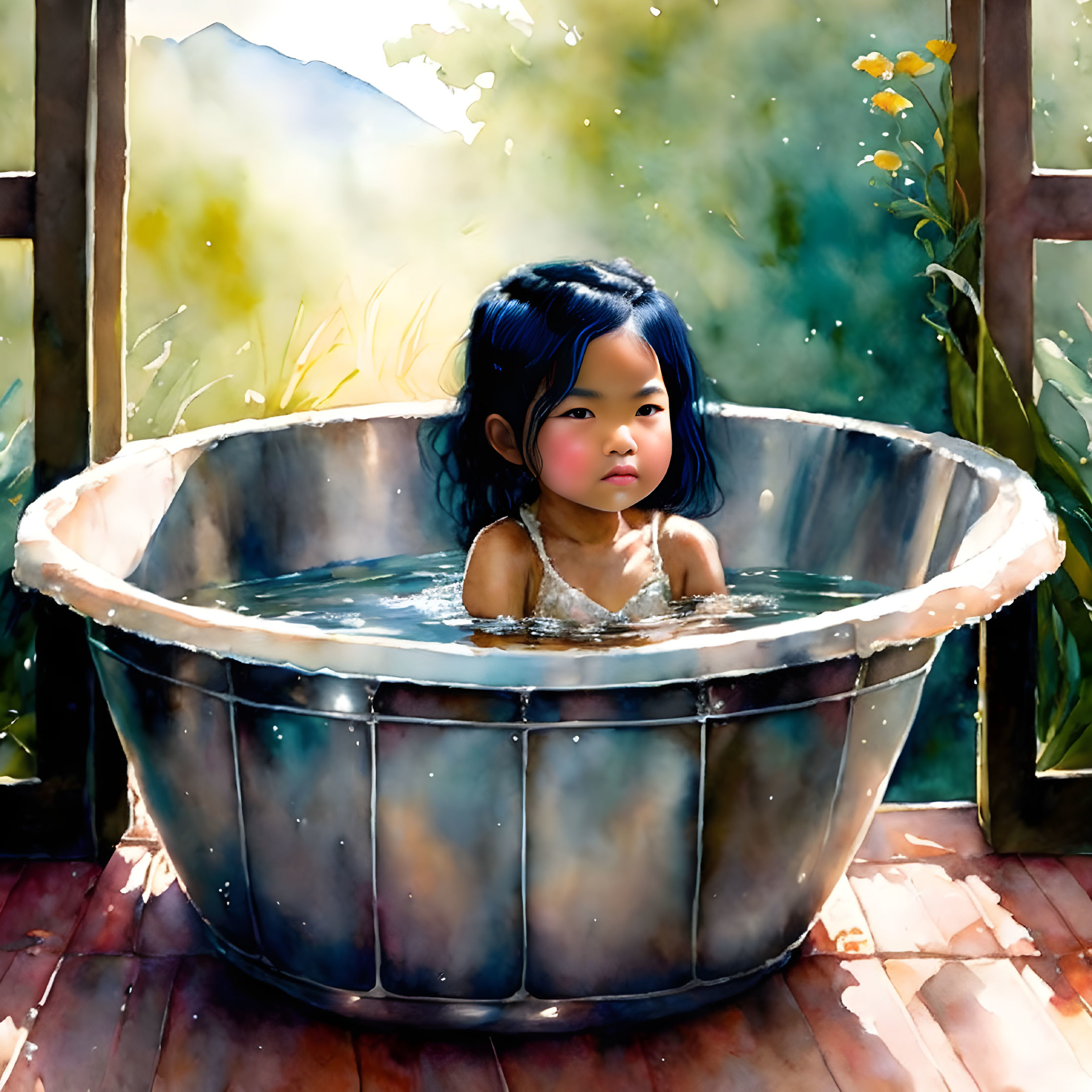 Child with Dark Hair Sitting in Water-Filled Basin in Garden