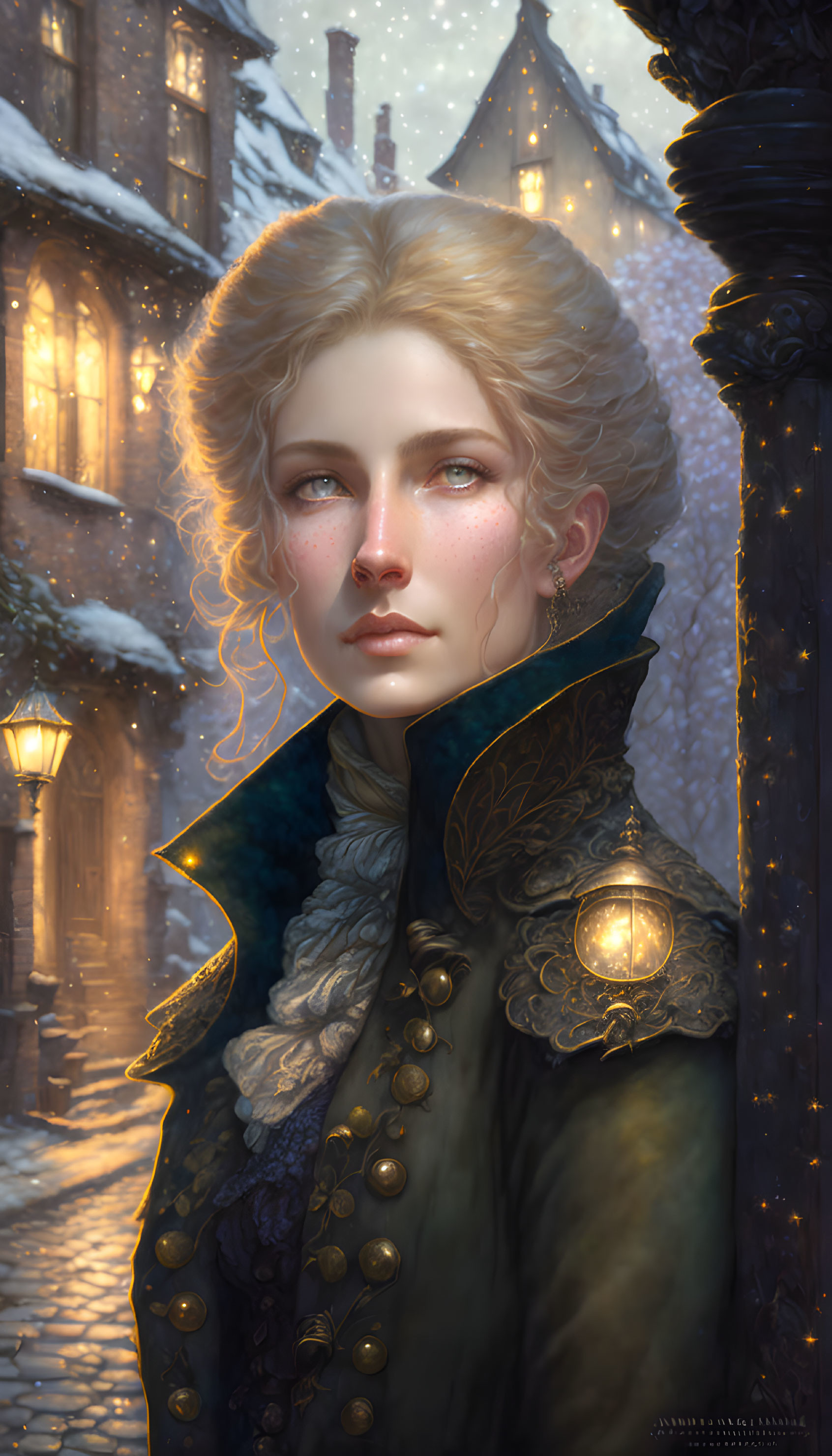 Digital portrait: Woman with blond hair, lantern, vintage coat in snowy village.