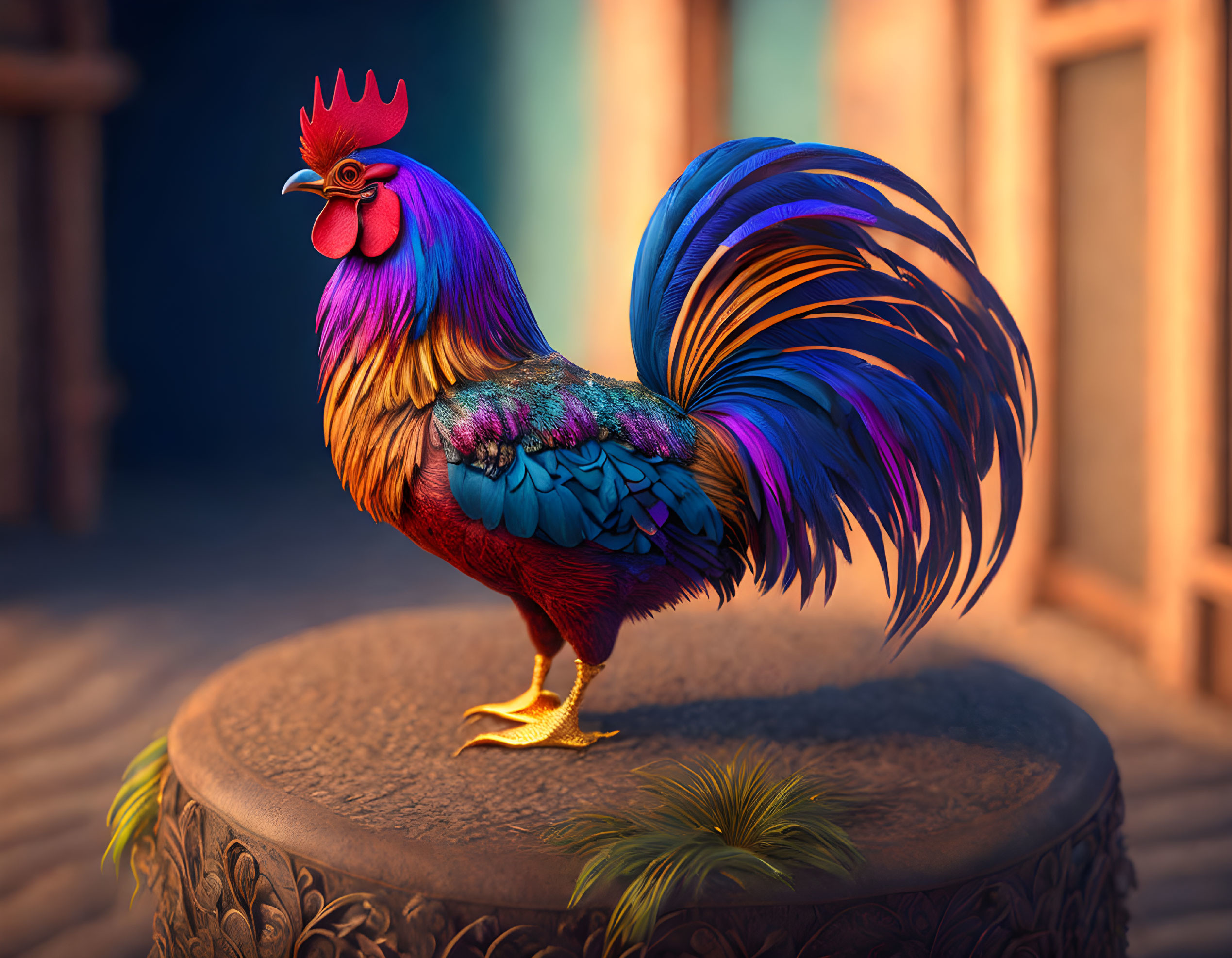 Colorful Rooster Digital Illustration with Detailed Plumage on Circular Base at Dusk