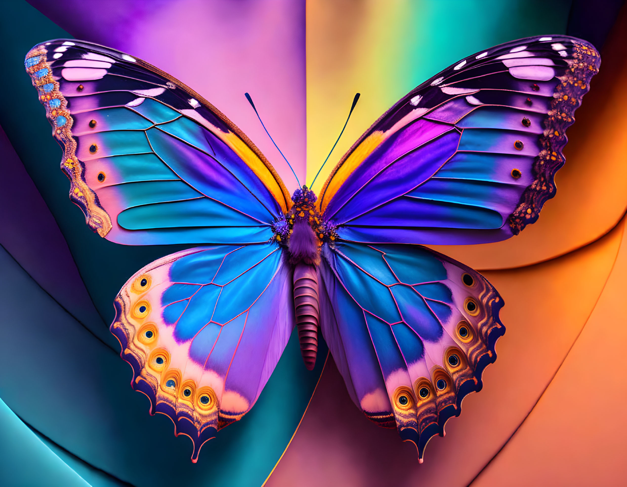 Colorful Butterfly with Blue and Purple Wings on Orange and Purple Swirls