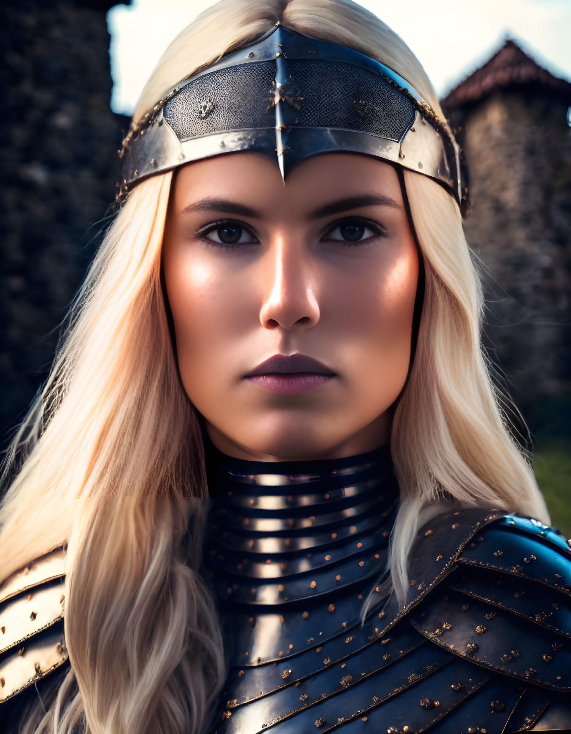 Blonde woman in medieval armor with metal circlet gazes confidently.