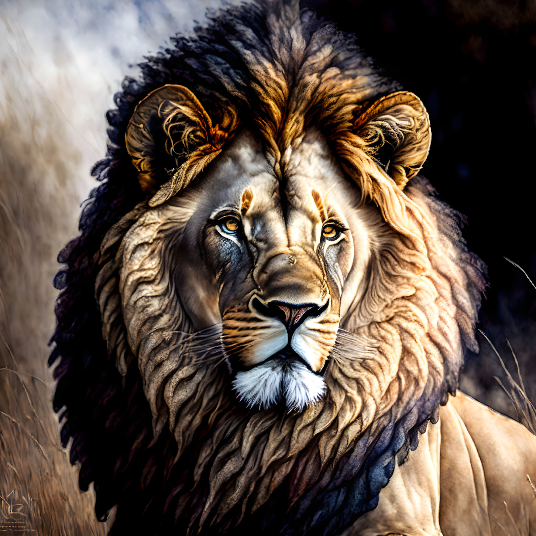 Detailed Lion Head Illustration with Intense Eyes and Majestic Mane