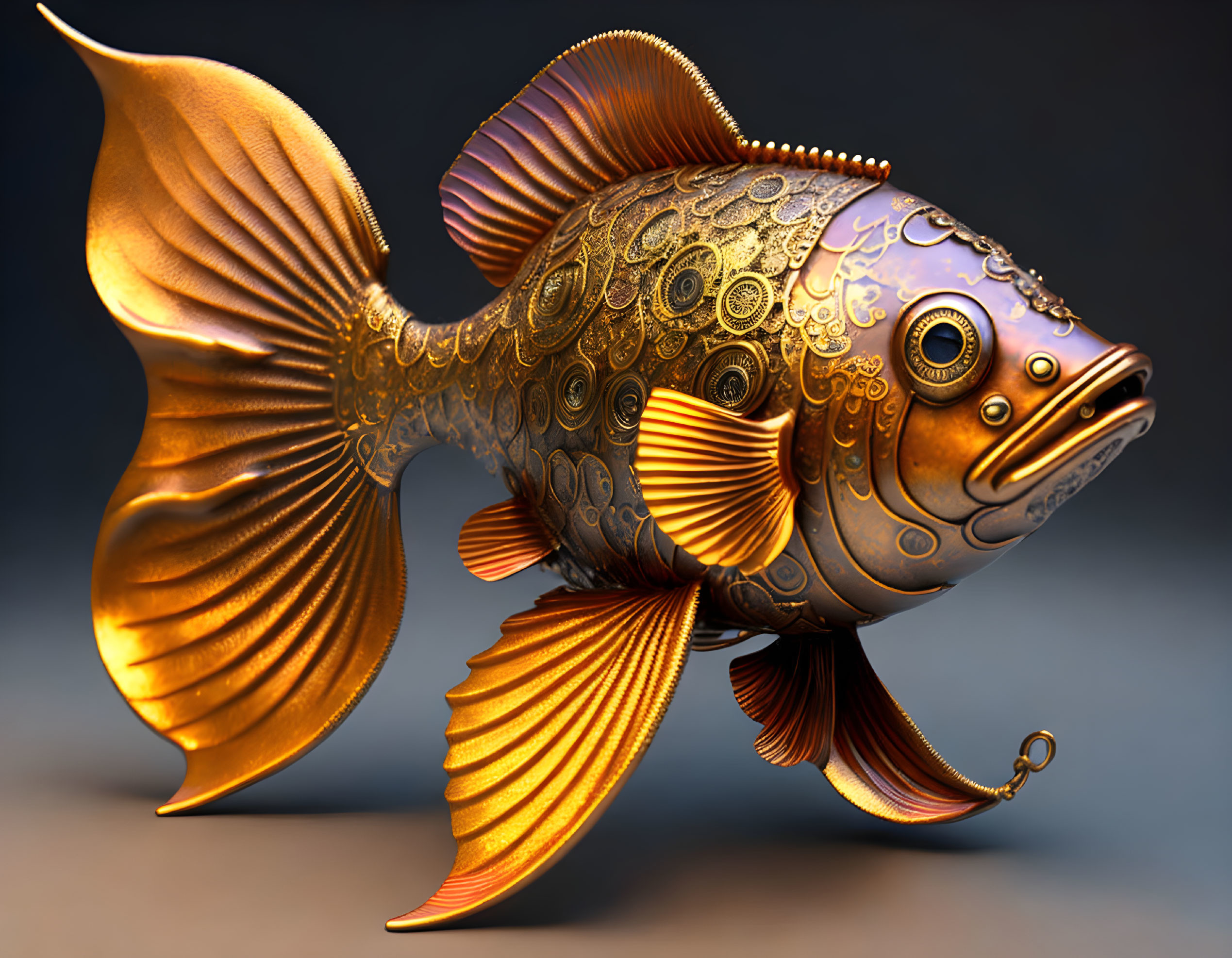 Intricate metallic goldfish sculpture on gradient background