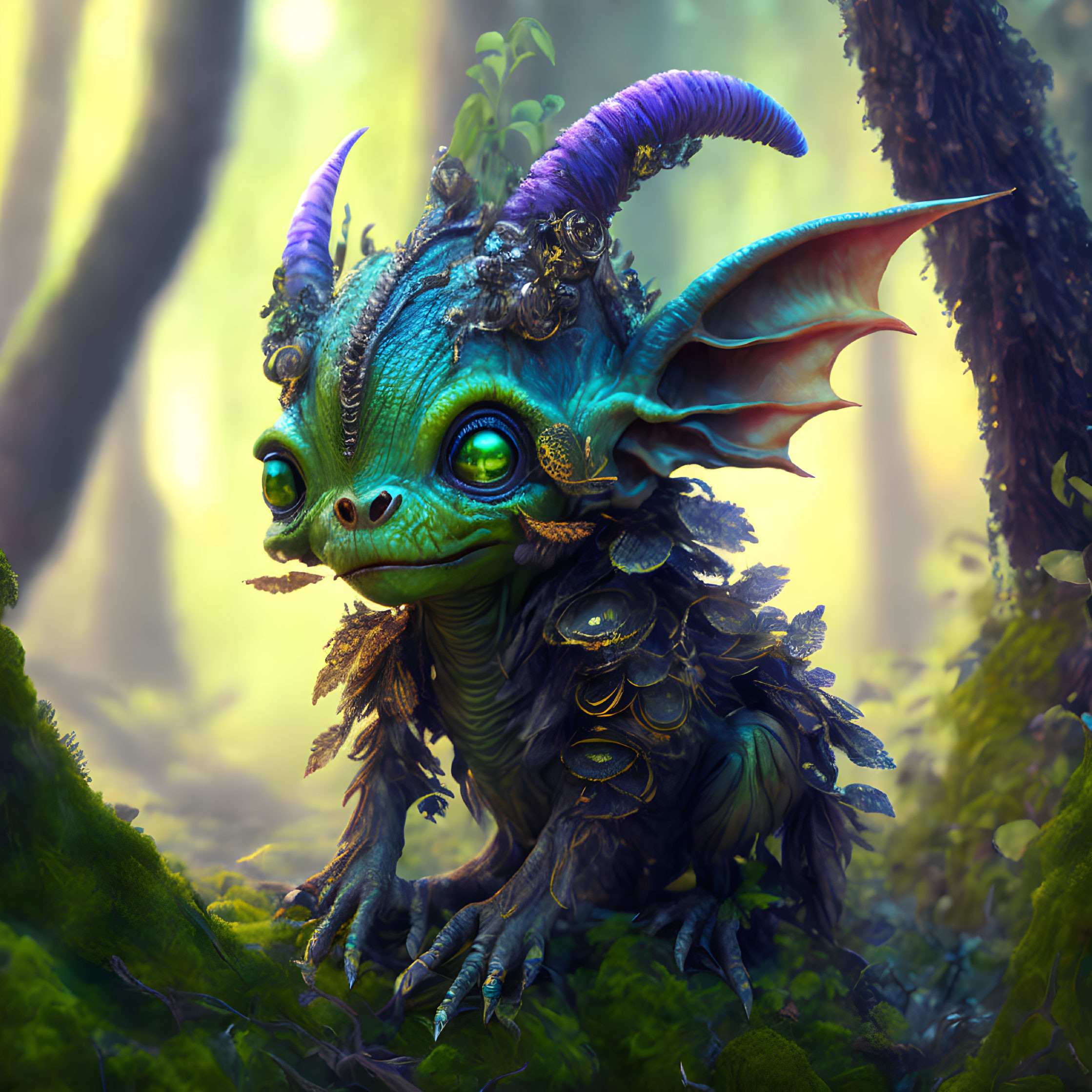 Blue-Green Dragon Creature in Enchanted Forest