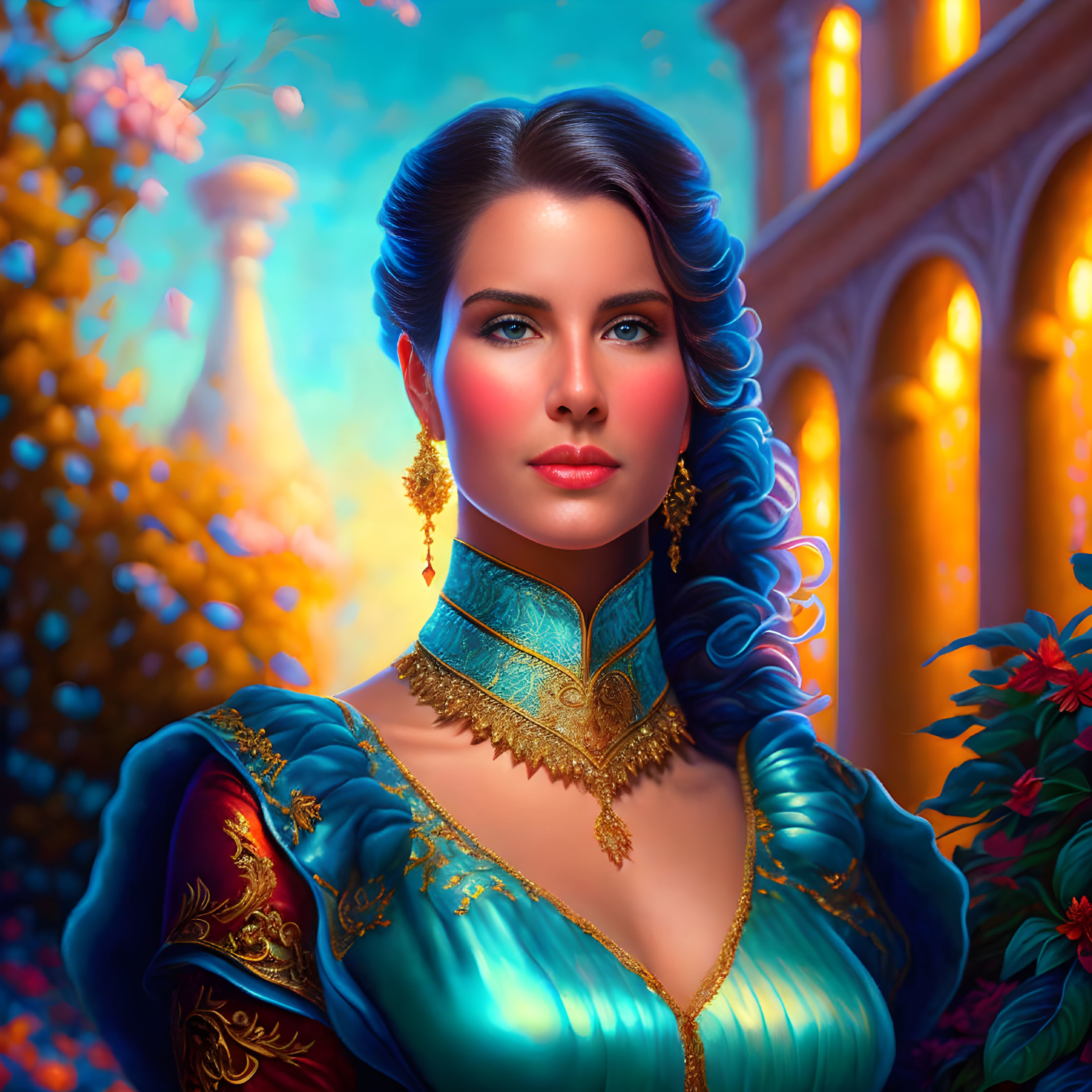 Digital artwork of a woman with blue hair in a golden dress on ornate background