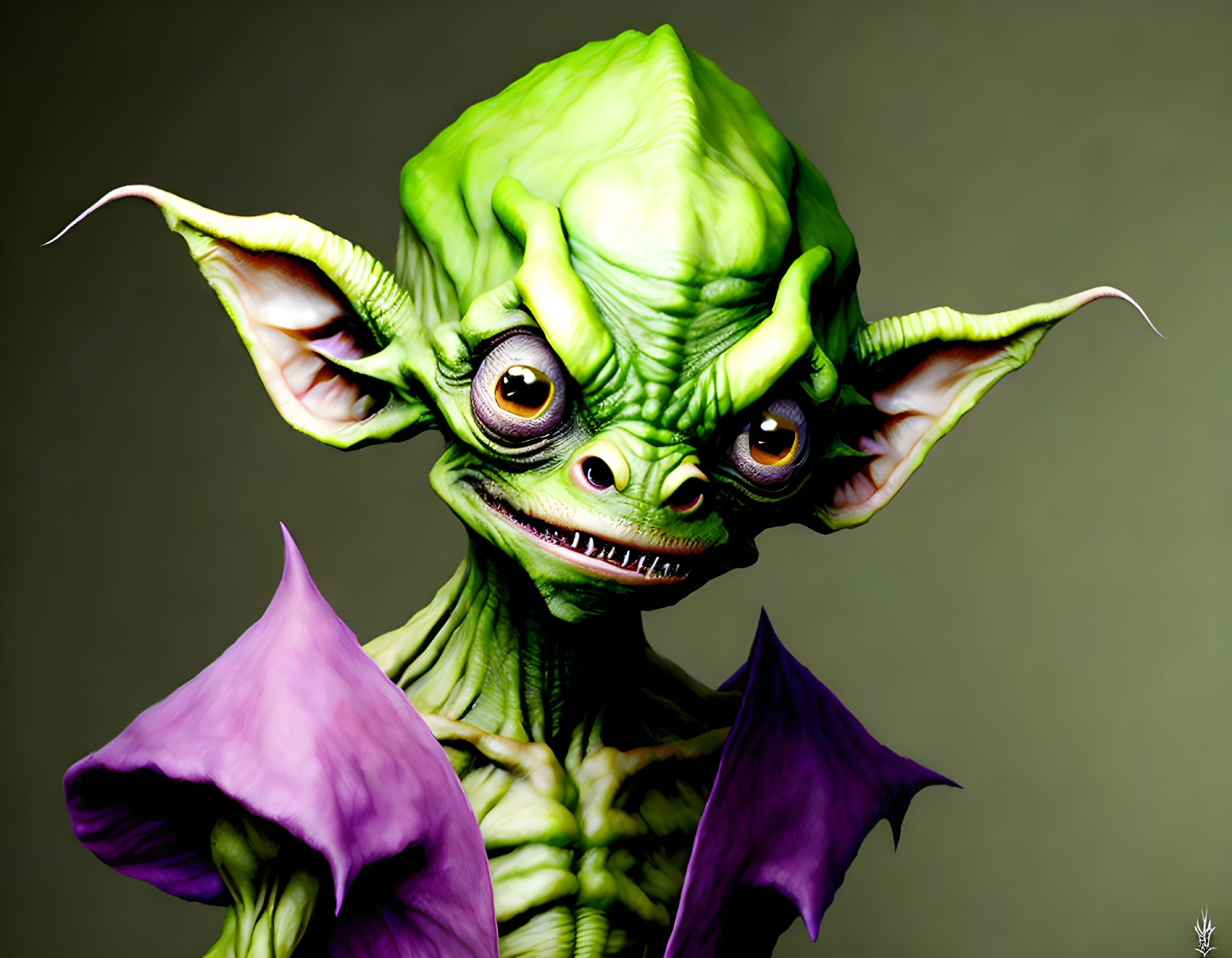 Detailed Illustration: Green Goblin Creature with Yellow Eyes, Pointed Ears, Snub Nose,