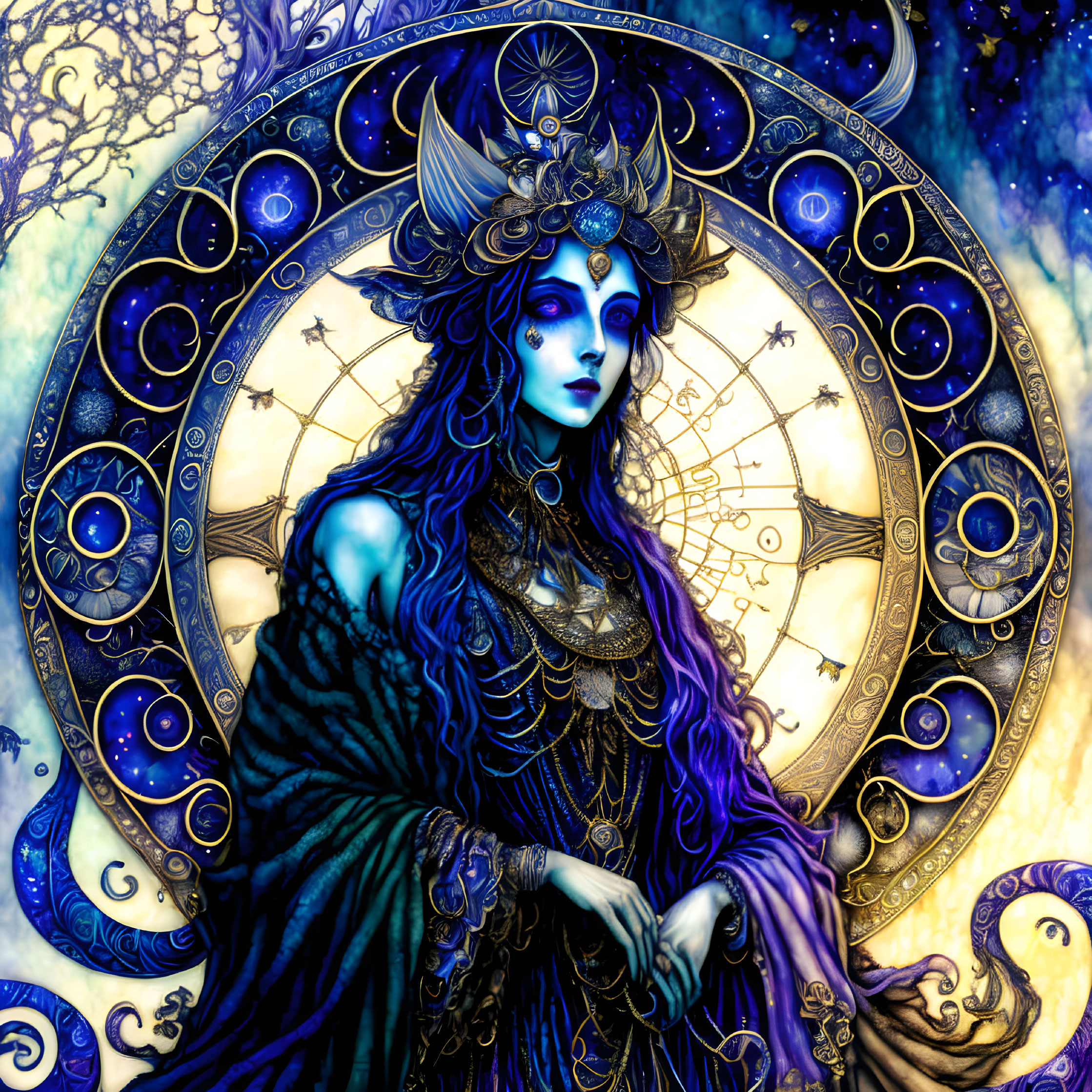 Blue-skinned female figure in ornate attire against celestial backdrop with zodiac symbols