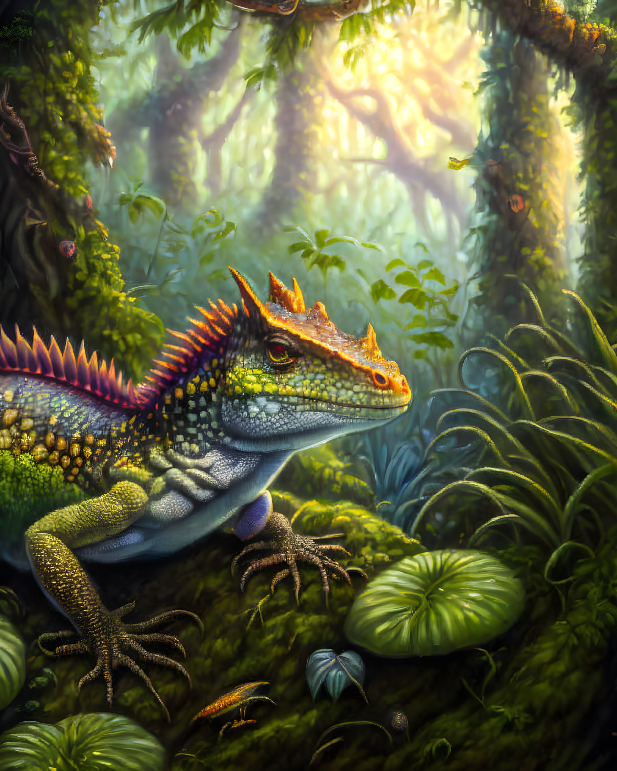 Vibrant Dragon-Like Lizard in Lush Forest Scene