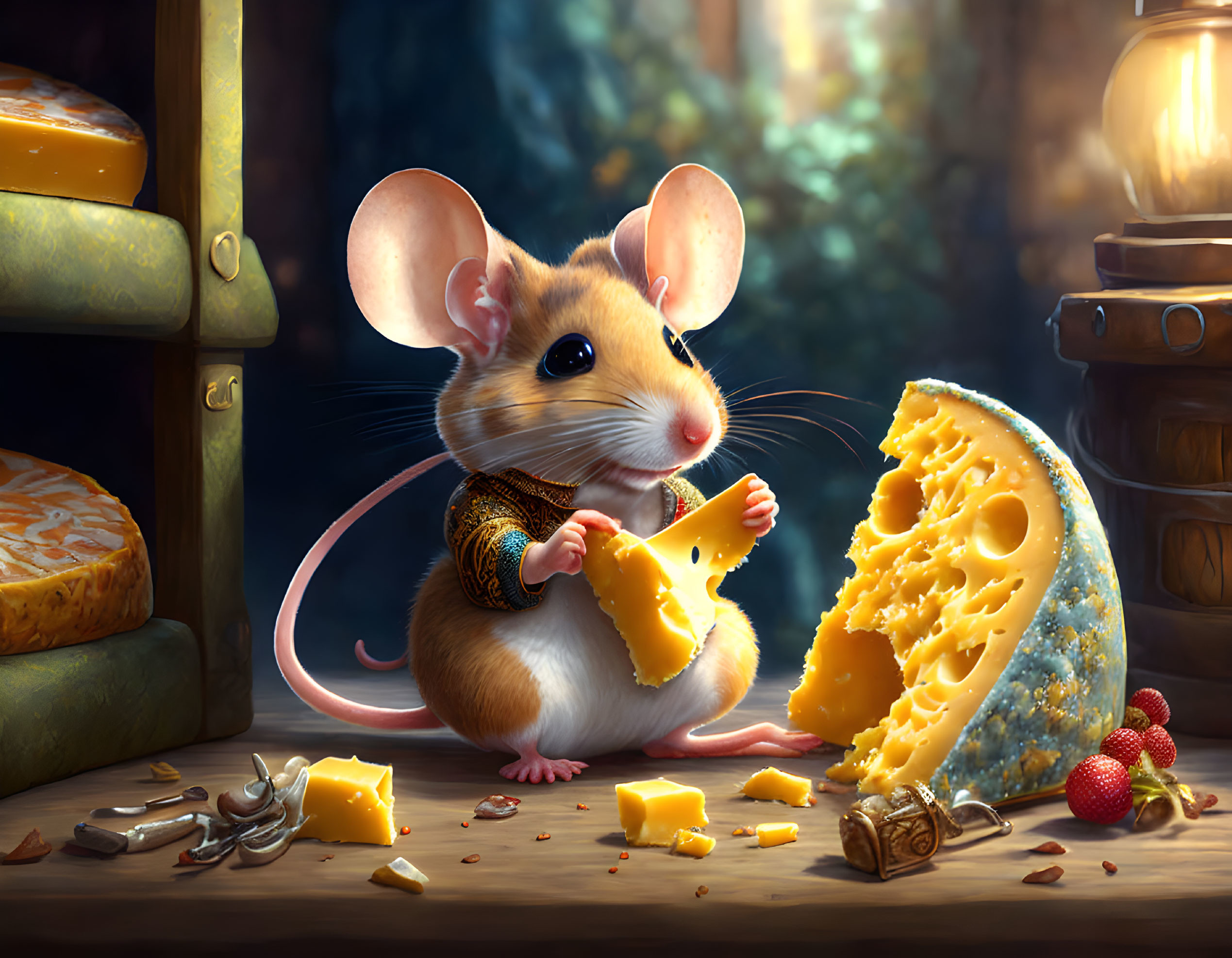 Animated mouse with cheese, berries, nuts in cozy setting