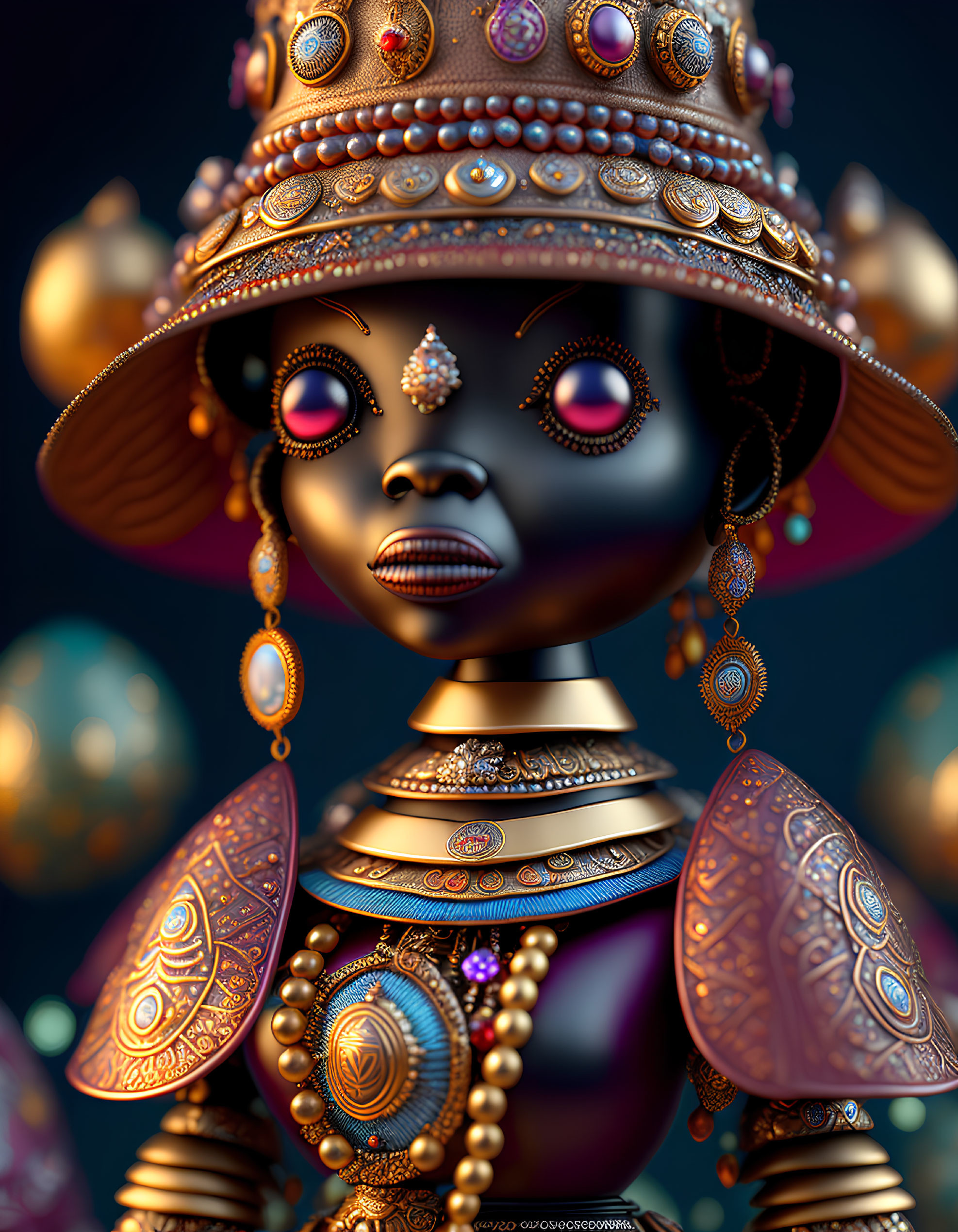 Detailed 3D character illustration: glowing red eyes, intricate golden jewelry and armor, with spherical object