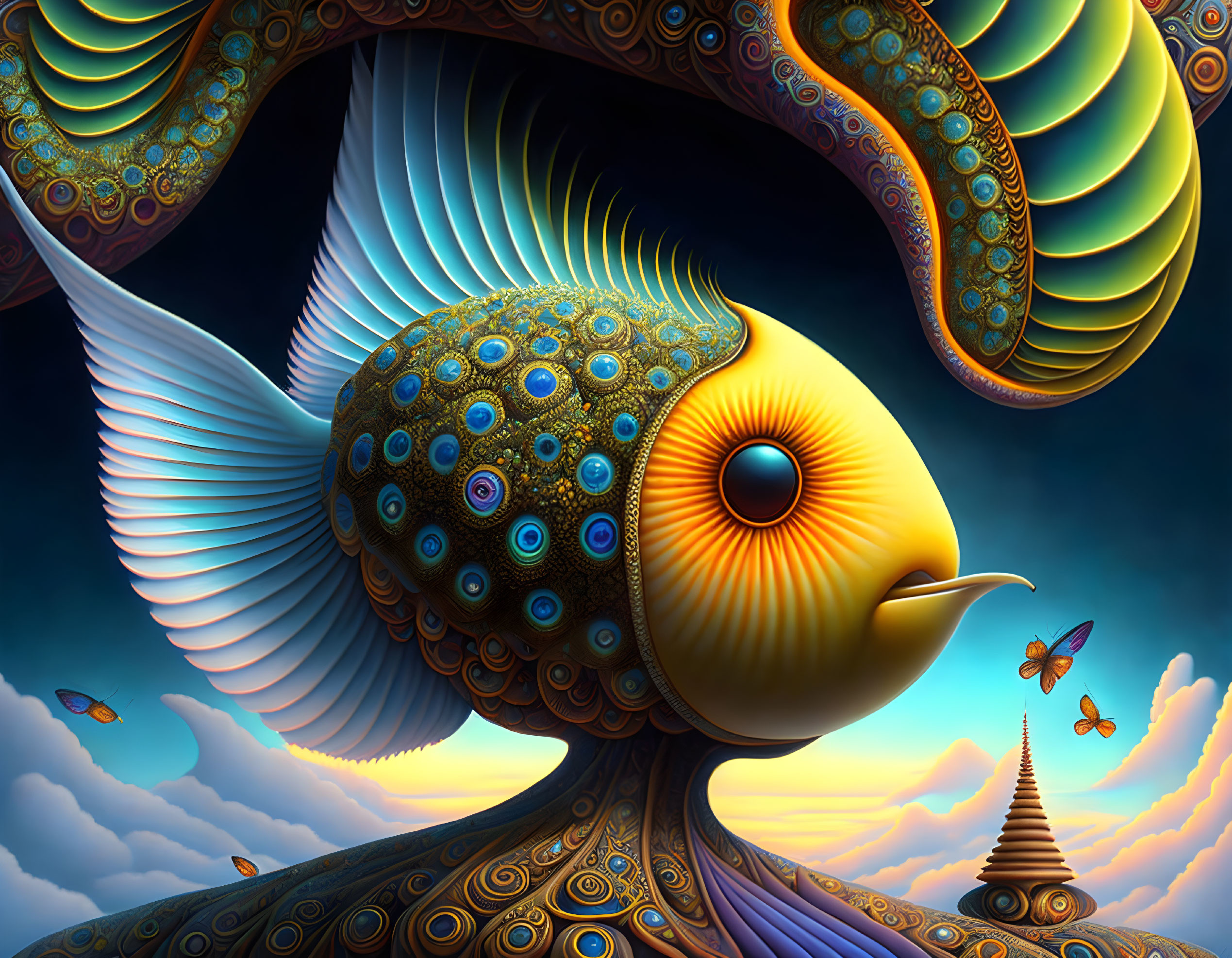 Colorful surreal digital artwork: stylized fish, intricate patterns, temple, twilight sky