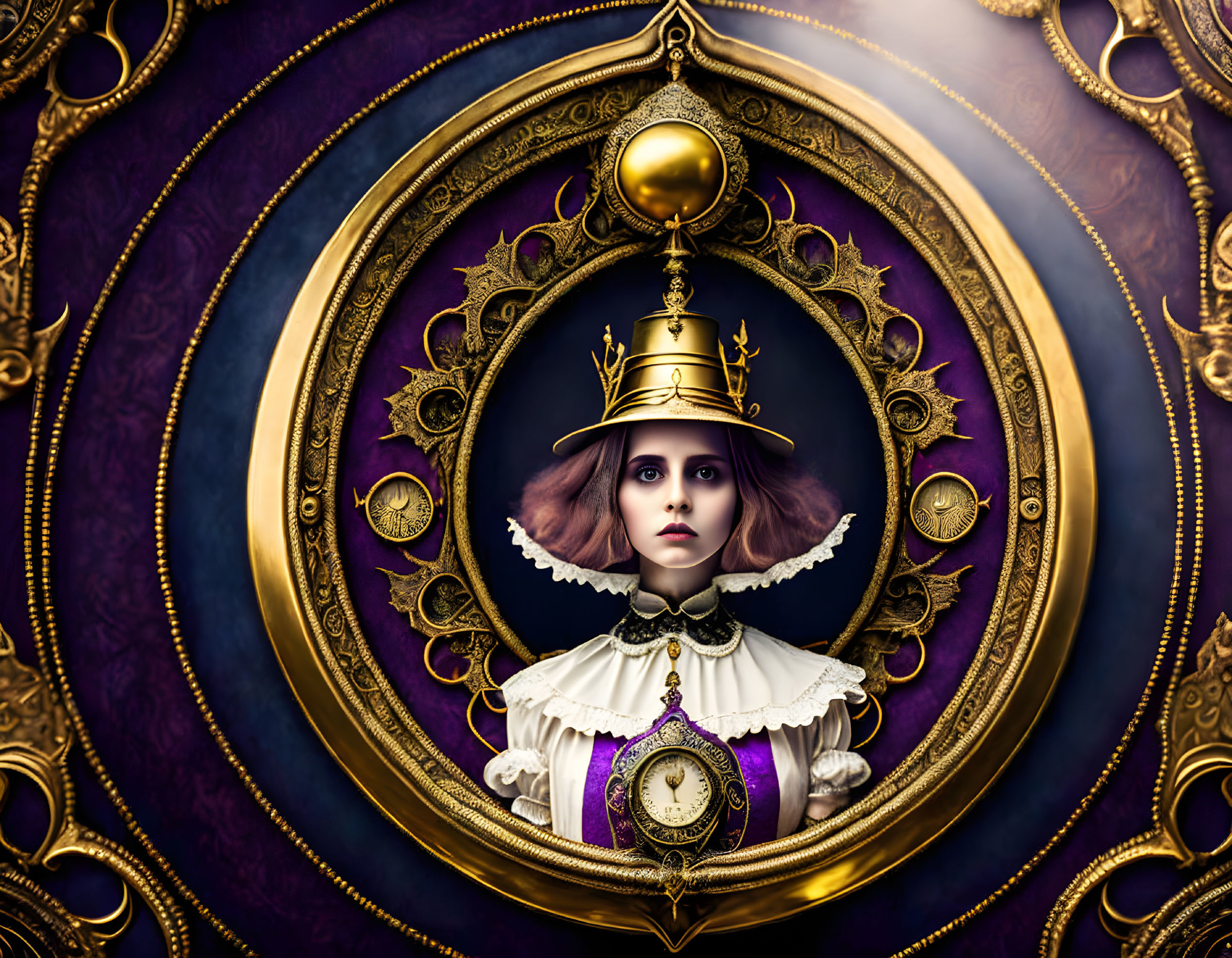 Surreal clock-themed attire with golden and purple details