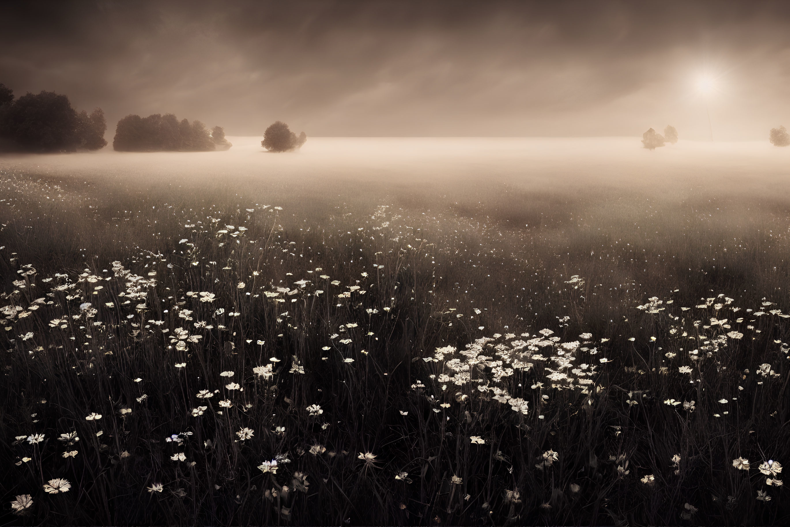 Sepia-Toned Field of Daisies with Trees and Misty Sky