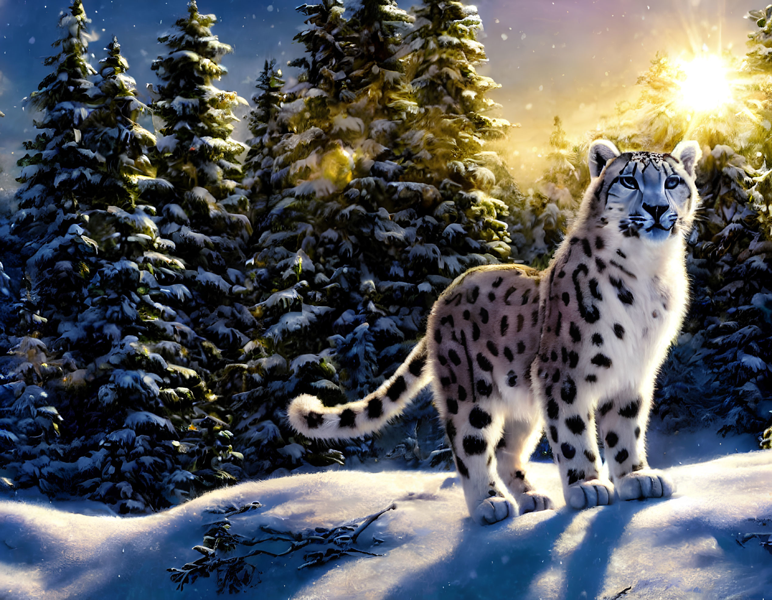 Snow leopard in snowy forest at twilight with setting sun.