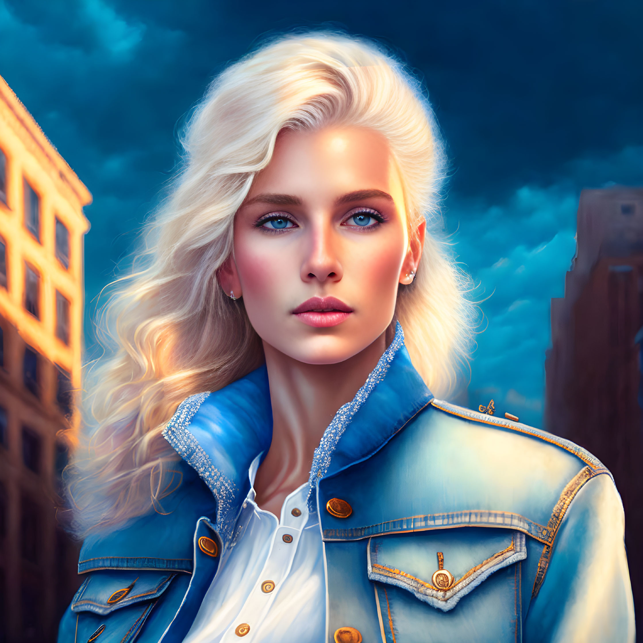 Platinum Blonde Woman in Denim Jacket Digital Art