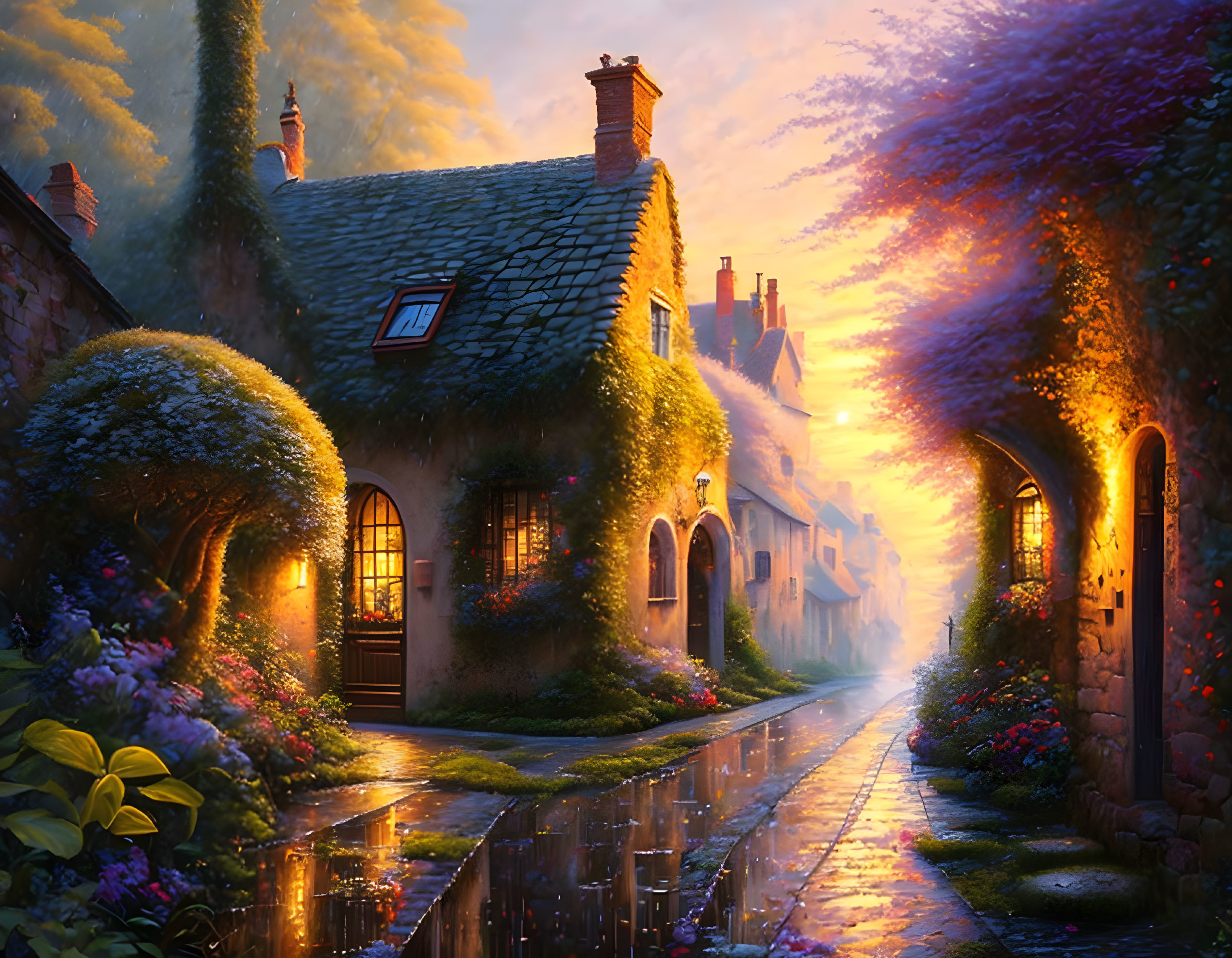 Charming cobblestone street with cottages and greenery at dusk