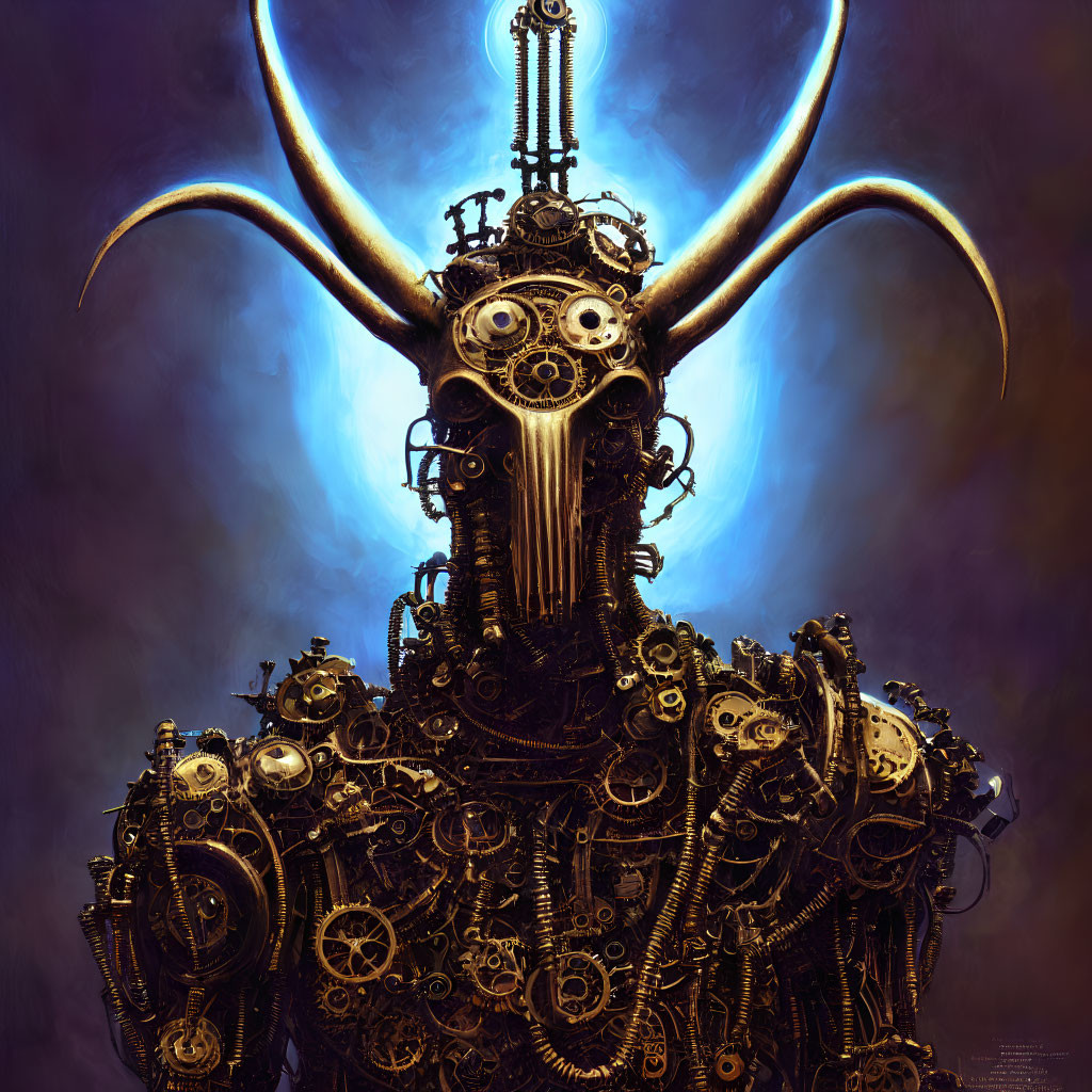 Steampunk mechanical creature with gear body and horns on blue background