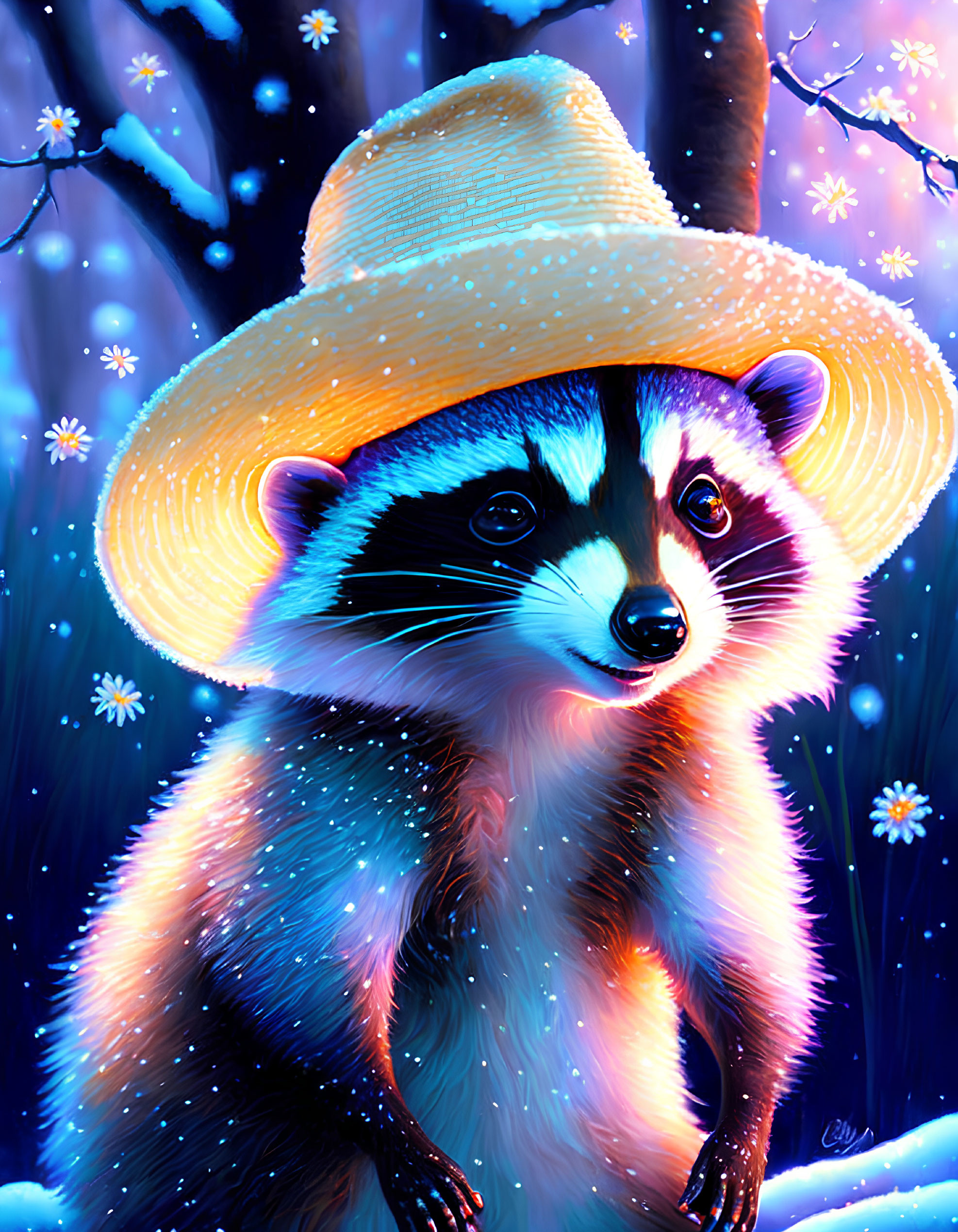 Vibrant raccoon in straw hat with glowing forest backdrop