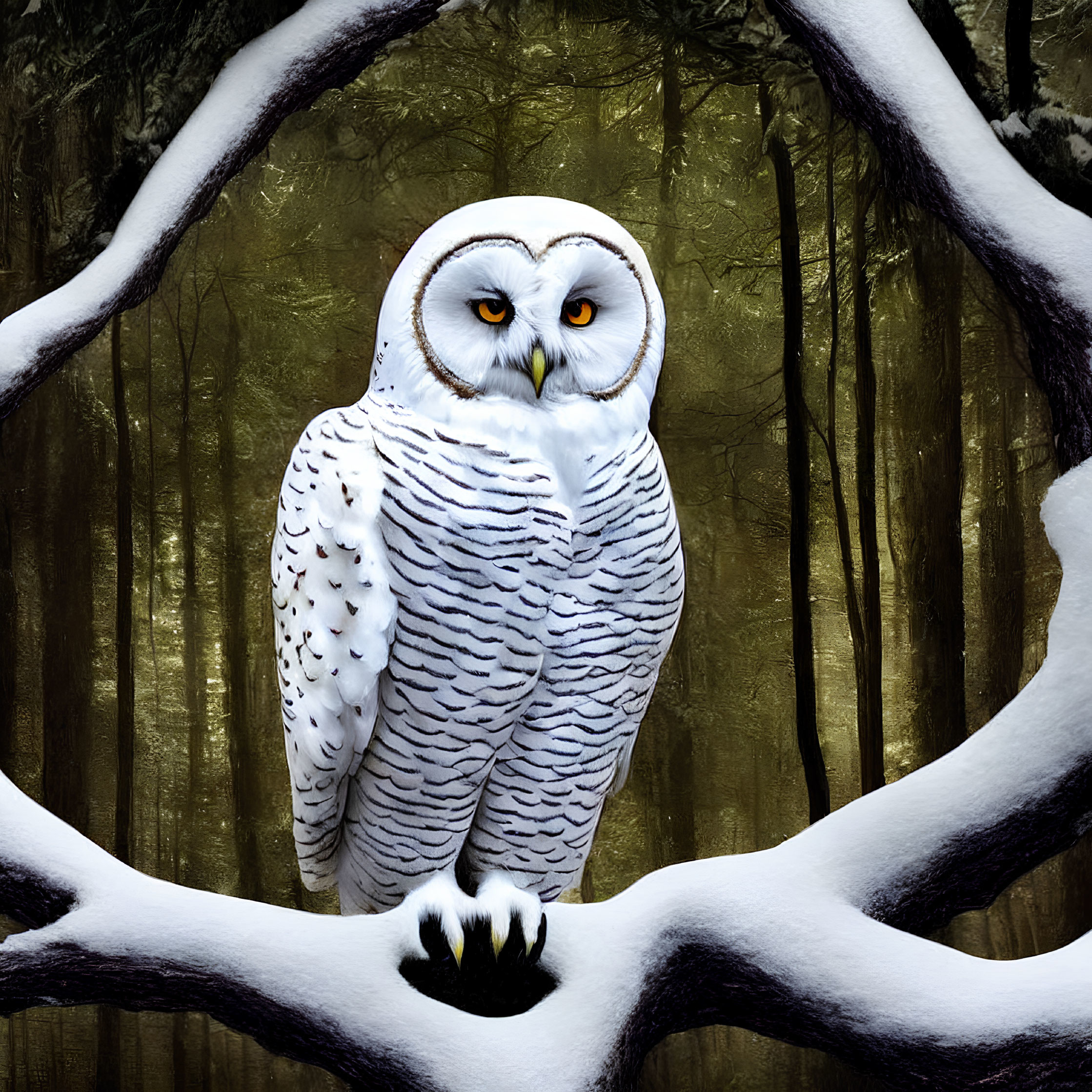 Snowy owl perched on snow-covered branch in dense forest