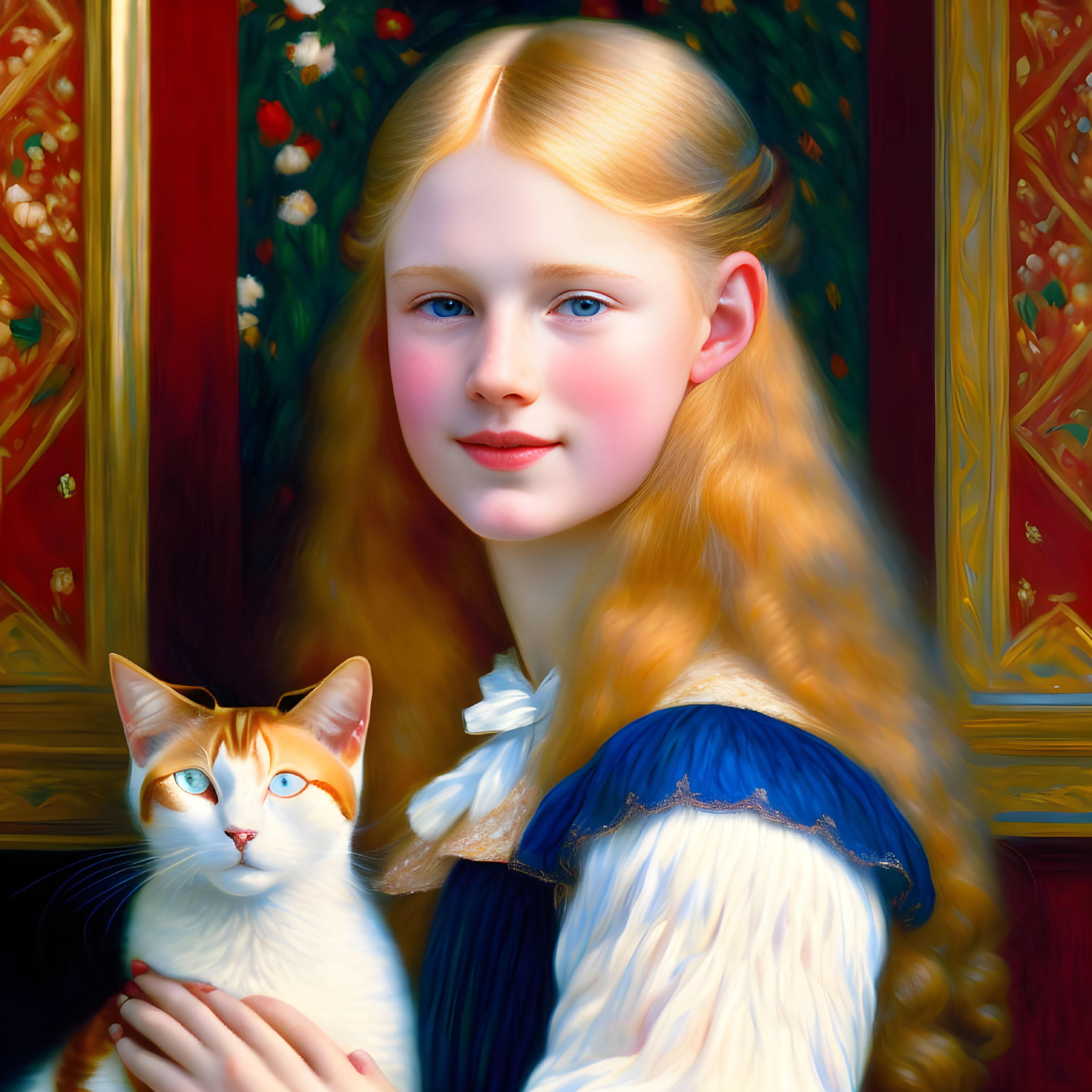 Blonde girl in blue dress holding bicolor cat with vibrant floral background