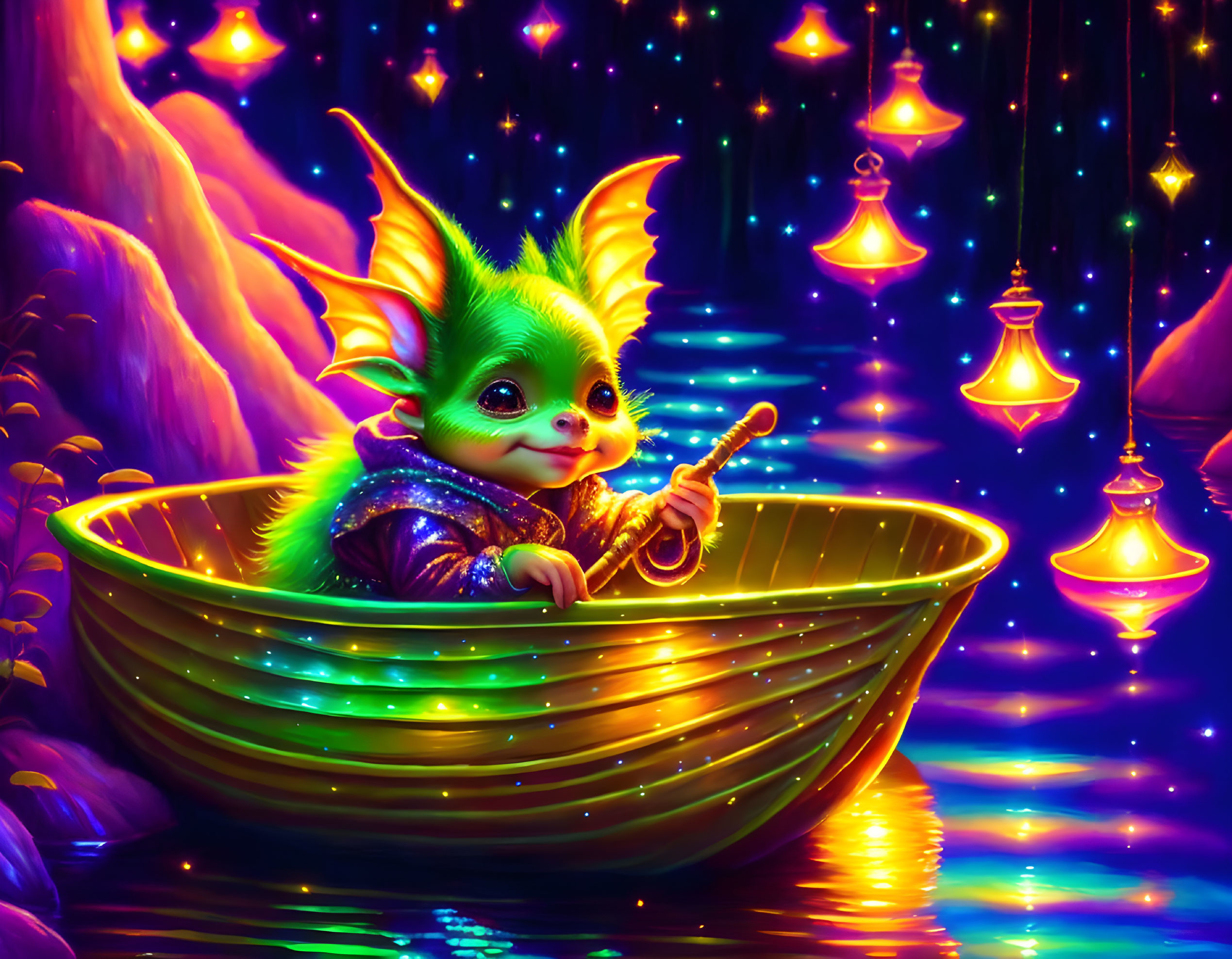 Whimsical creature rowing glowing boat under starry sky