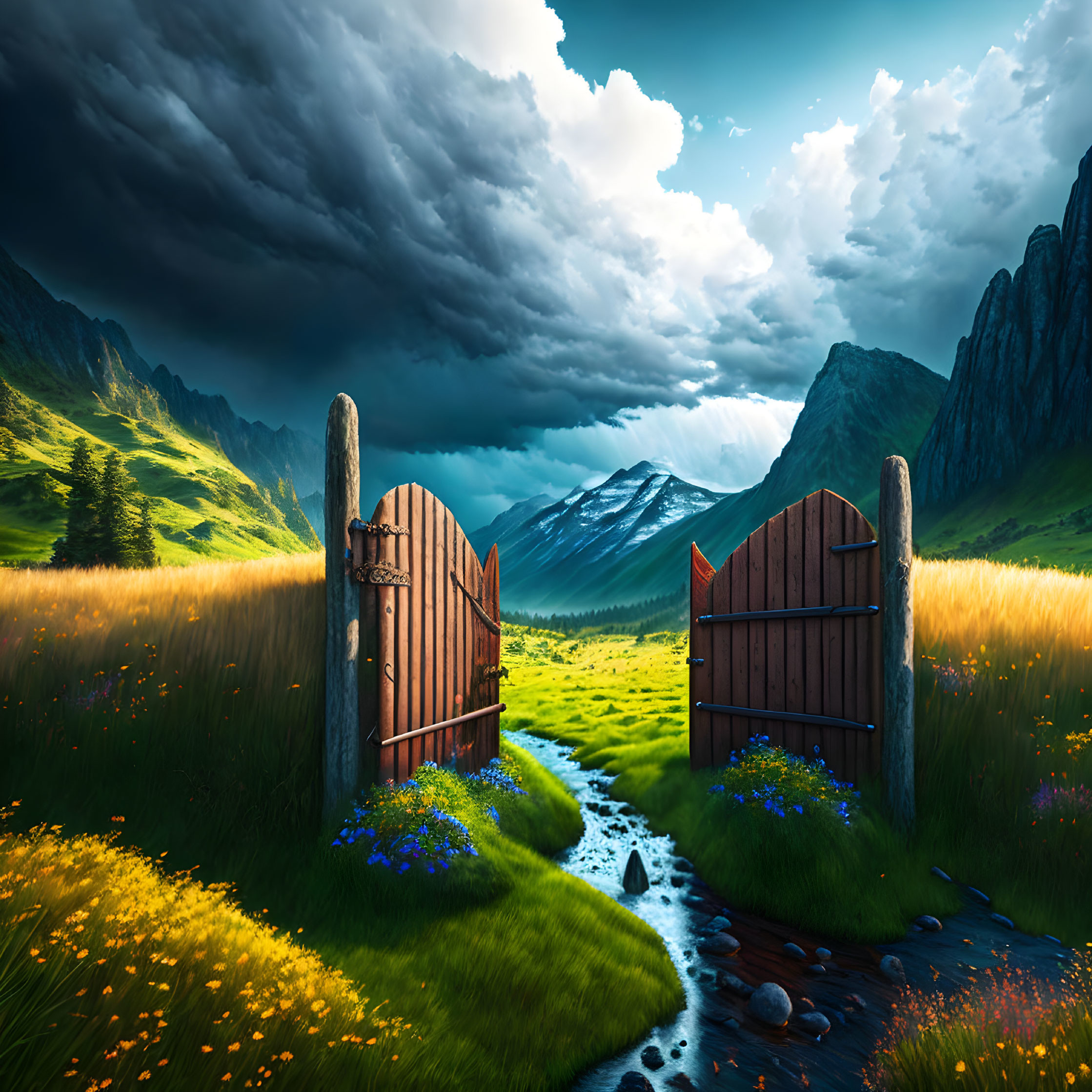 Wooden Gates Open to Vibrant Green Valley Amid Stormy Mountains